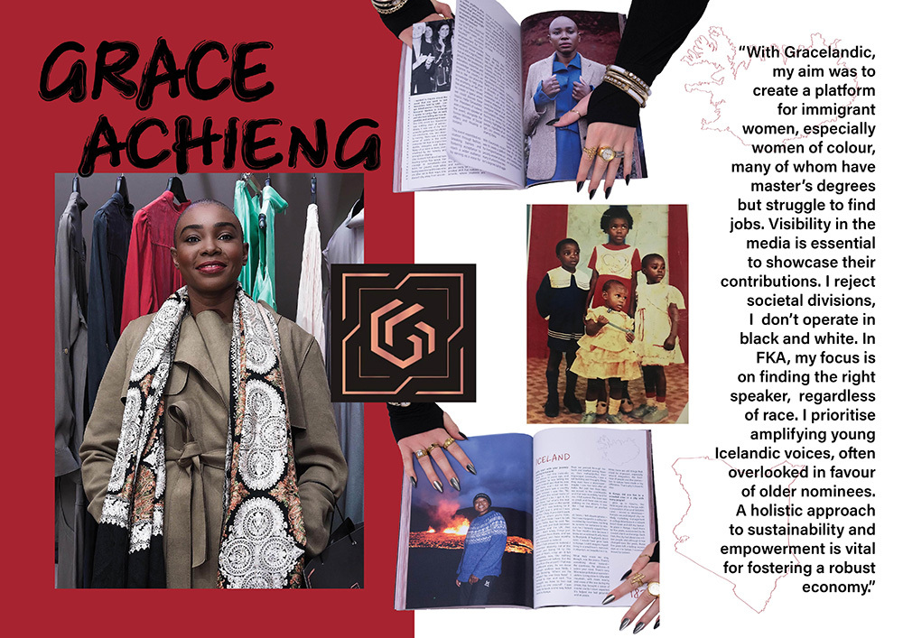Collage with red background featuring black text "GRACE ACHIENG", multiple photographs of a woman, and white text block on right side.