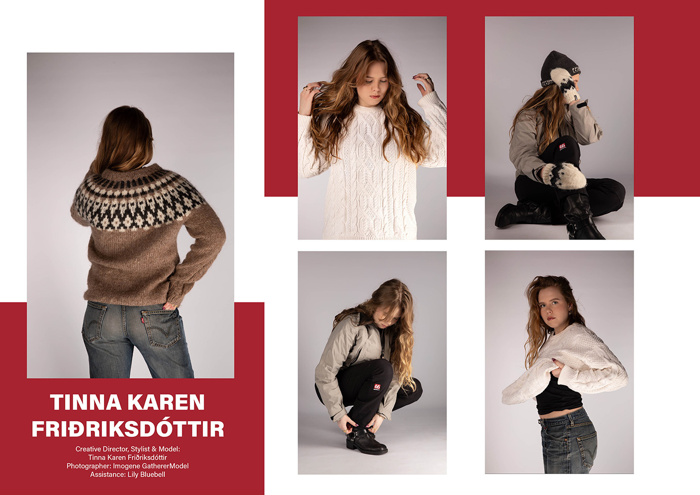 Fashion lookbook layout with red background showing woman modelling knitwear in five rectangular frames with white text overlay.
