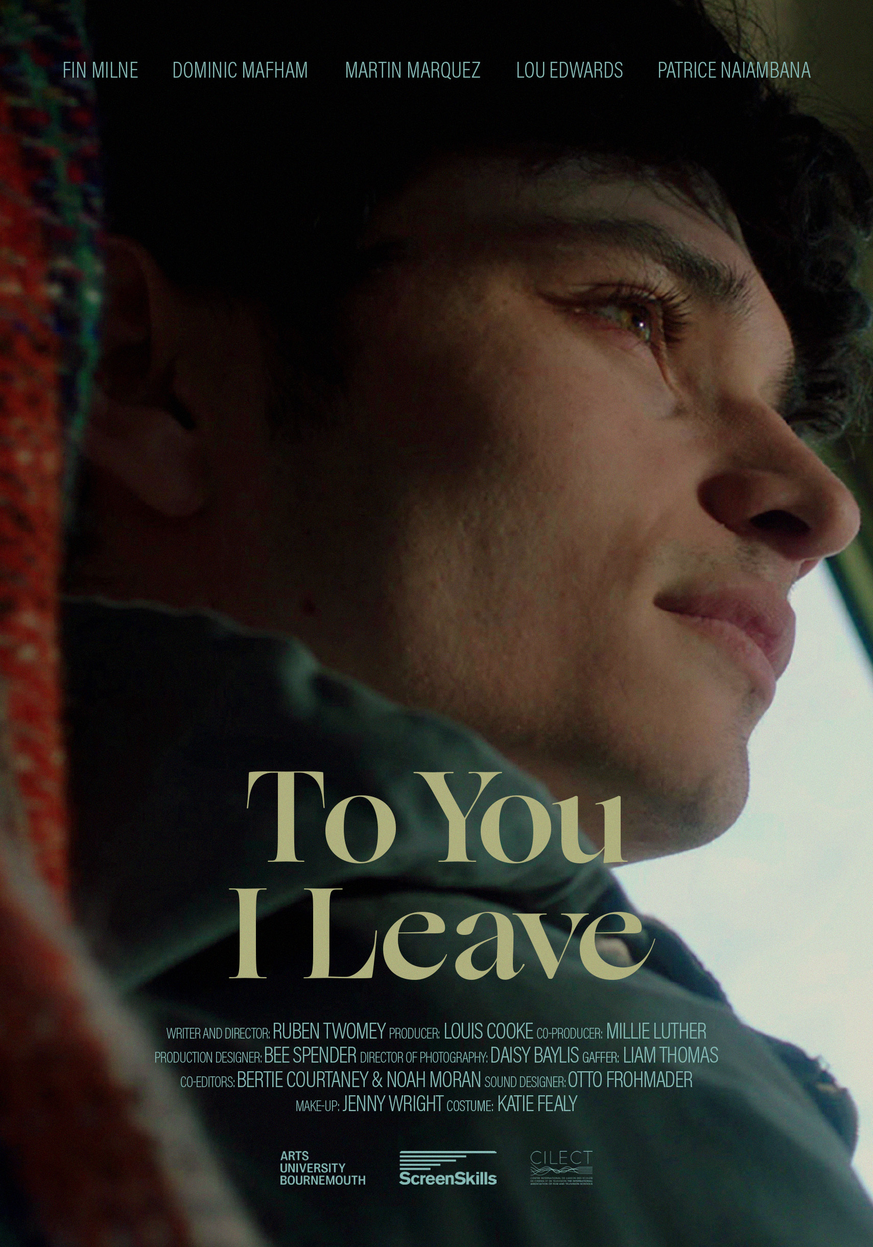 Film poster showing close-up profile of person with dark hair looking upward, warm lighting. Golden text "To You I Leave" overlays image.
