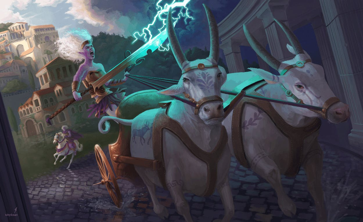 Fantasy character riding a chariot pulled by white bulls while wielding a large magical sword generating lightning