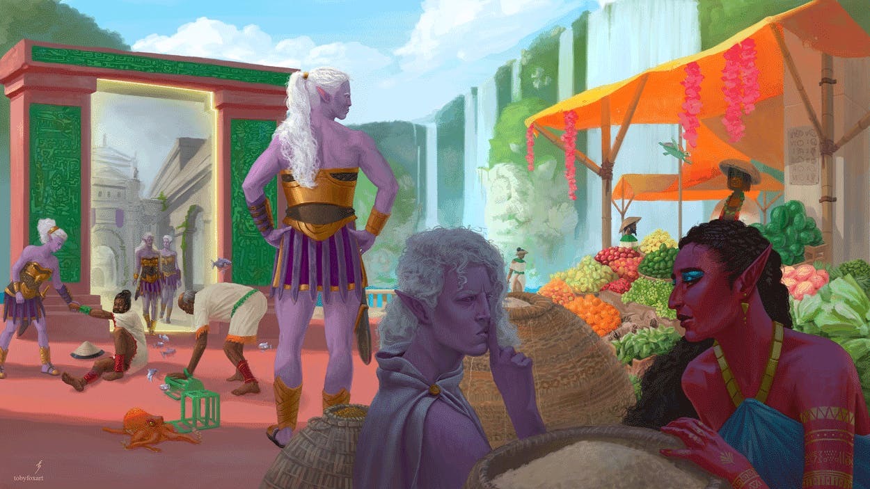 Illustration of fantasy world characters speaking in a magical realm