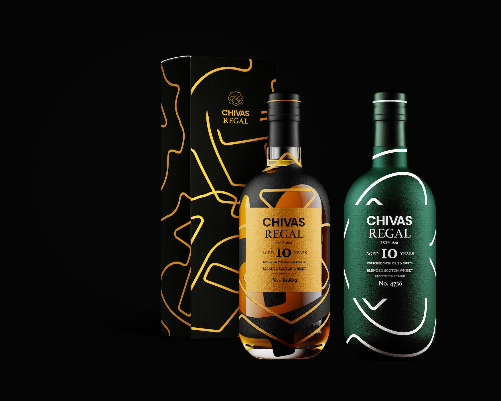 Packaging and product design for Chivas Regal whiskey, gold and dark green, dark background.