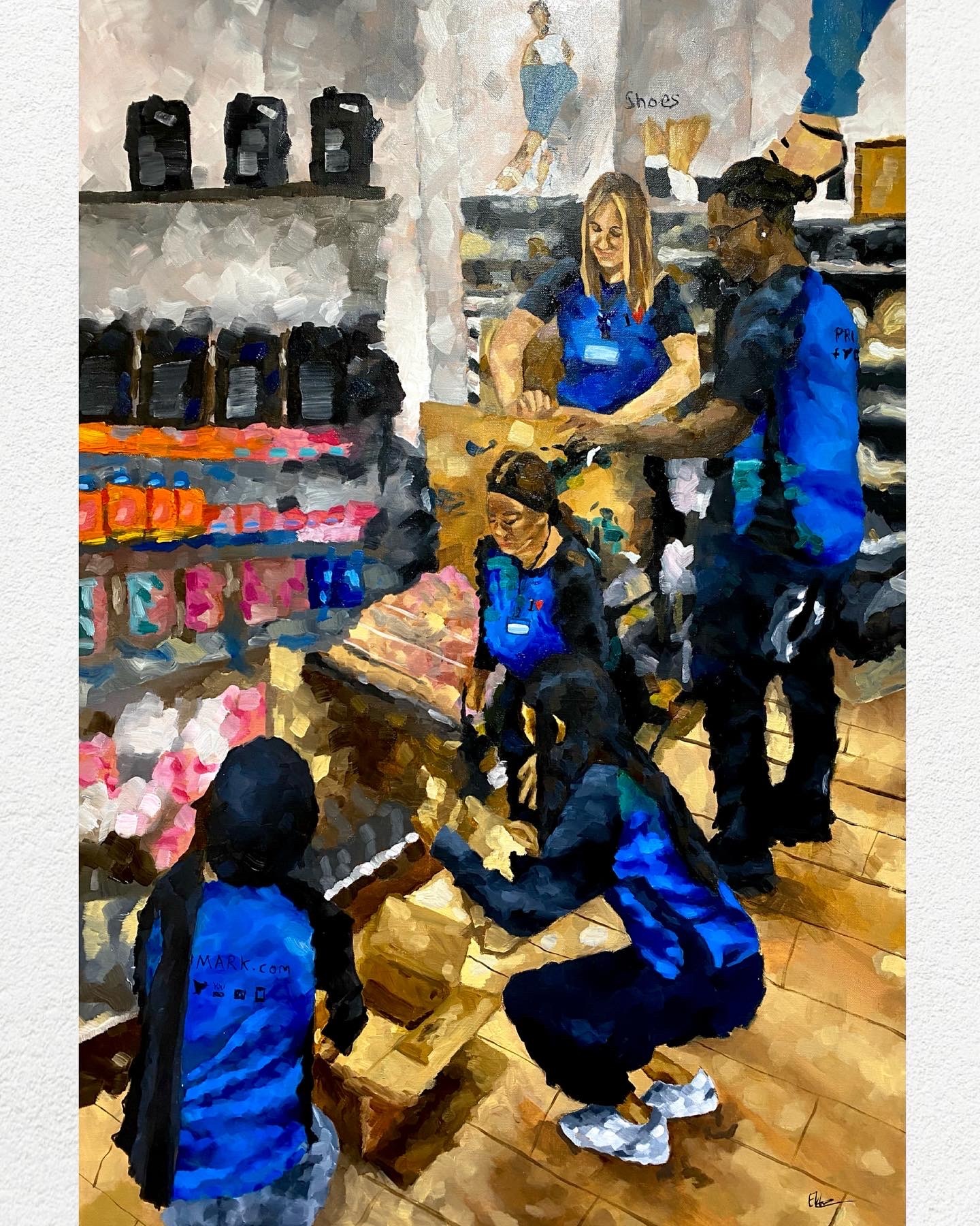 Painting of a scene with Primark colleagues in blue uniforms.