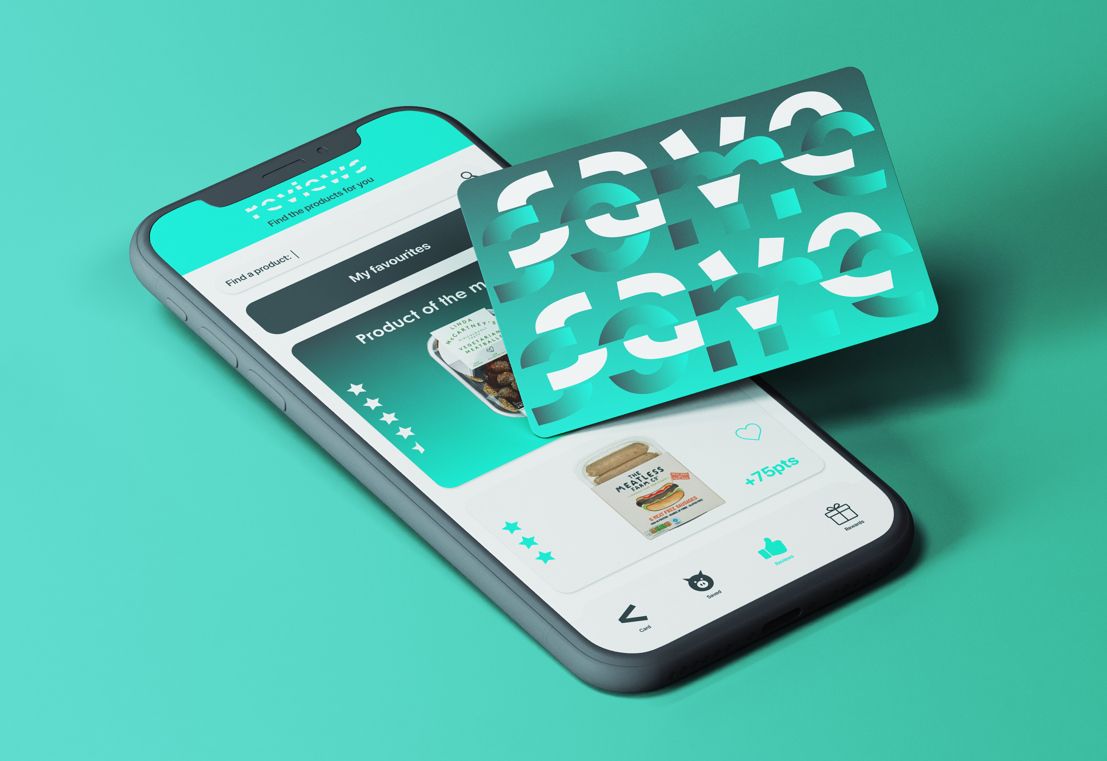 Mock-up on a mobile phone showing an app screen with text "Reviews" at the top. A credit card is featured next to the phone with the words "Save some" repeated twice on the front.