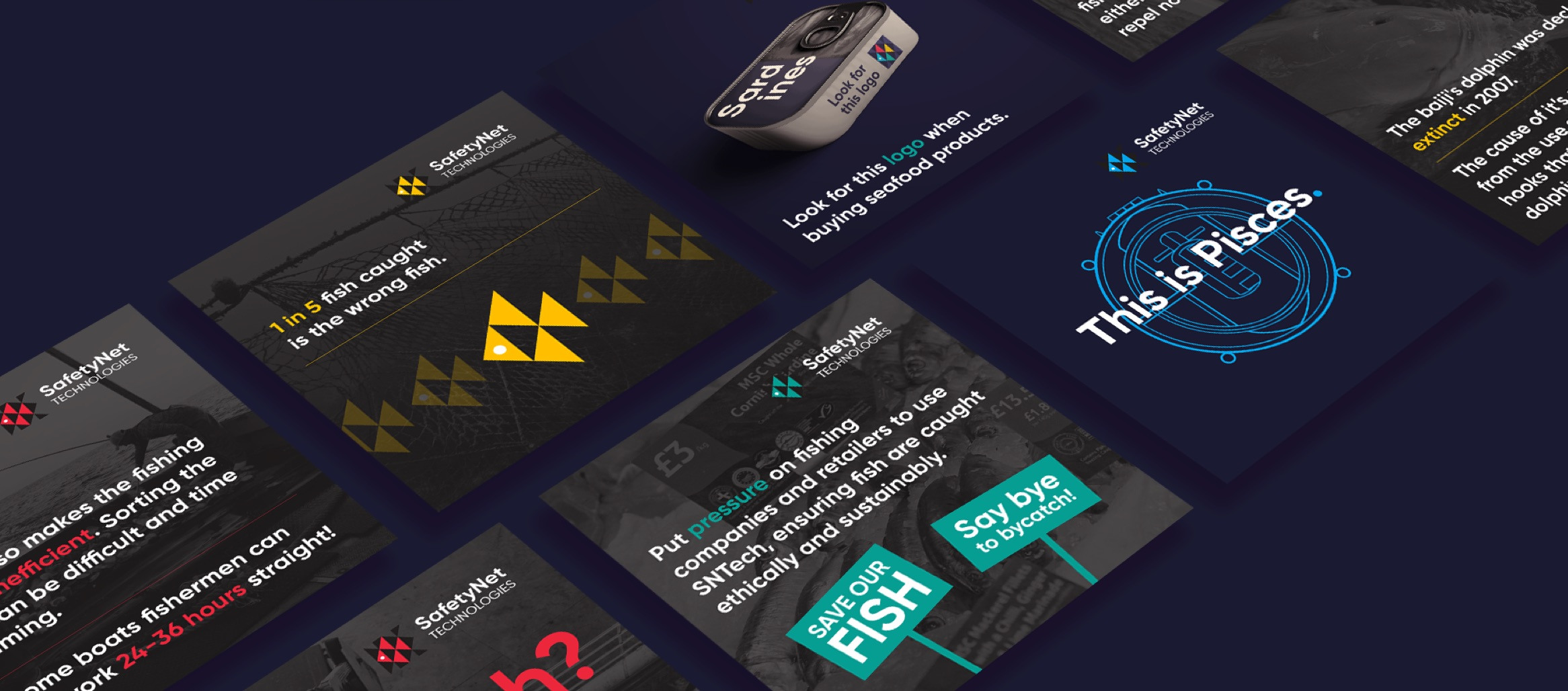 A variety of graphics with different blocks of text and logos on each, viewed diagonally and set against a dark background