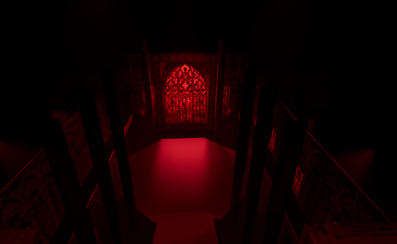 An illuminated red stained glass window is positioned at the back of a dimly lit, cavernous room. The floor leads towards the window, with high walls featuring architectural details that create a gothic atmosphere.
