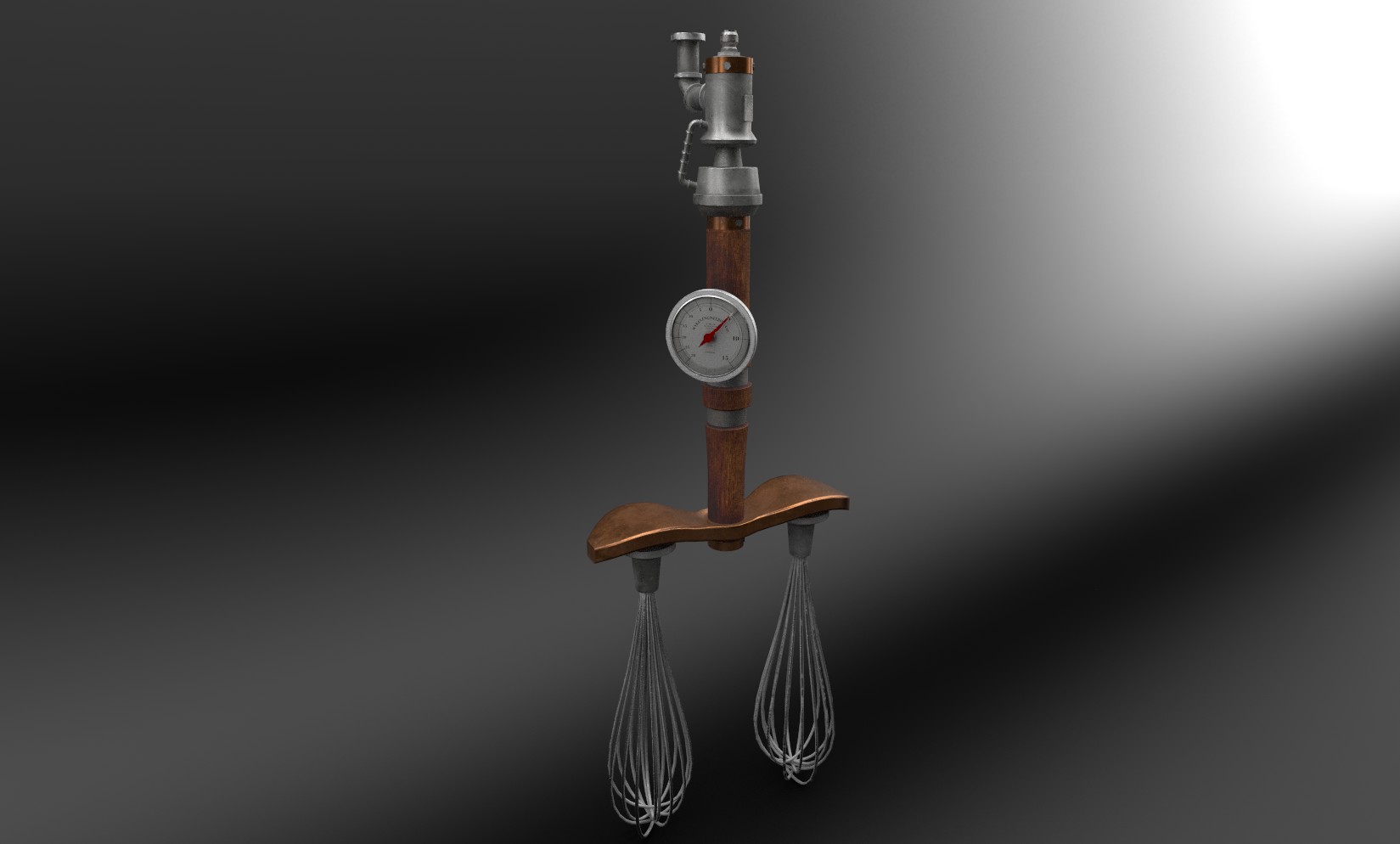 A unique kitchen device resembling a mixing tool, featuring a wooden handle with a pressure gauge and two metal whisks attached at the bottom. The device has a metallic finish on top, set against a gradient grey background.
