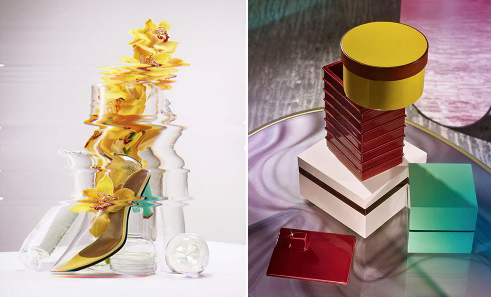 Two photos. Left-hand image shows a sculpture with a distorted effect. Right-hand image shows a tower of boxes on a marbled surface.