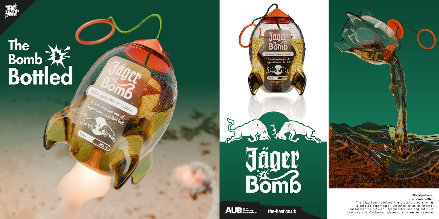 A Jäger Bomb Bottled novelty drink container with a red cord and orange cap, shown against a green-and-sand backdrop in a promotional poster layout.