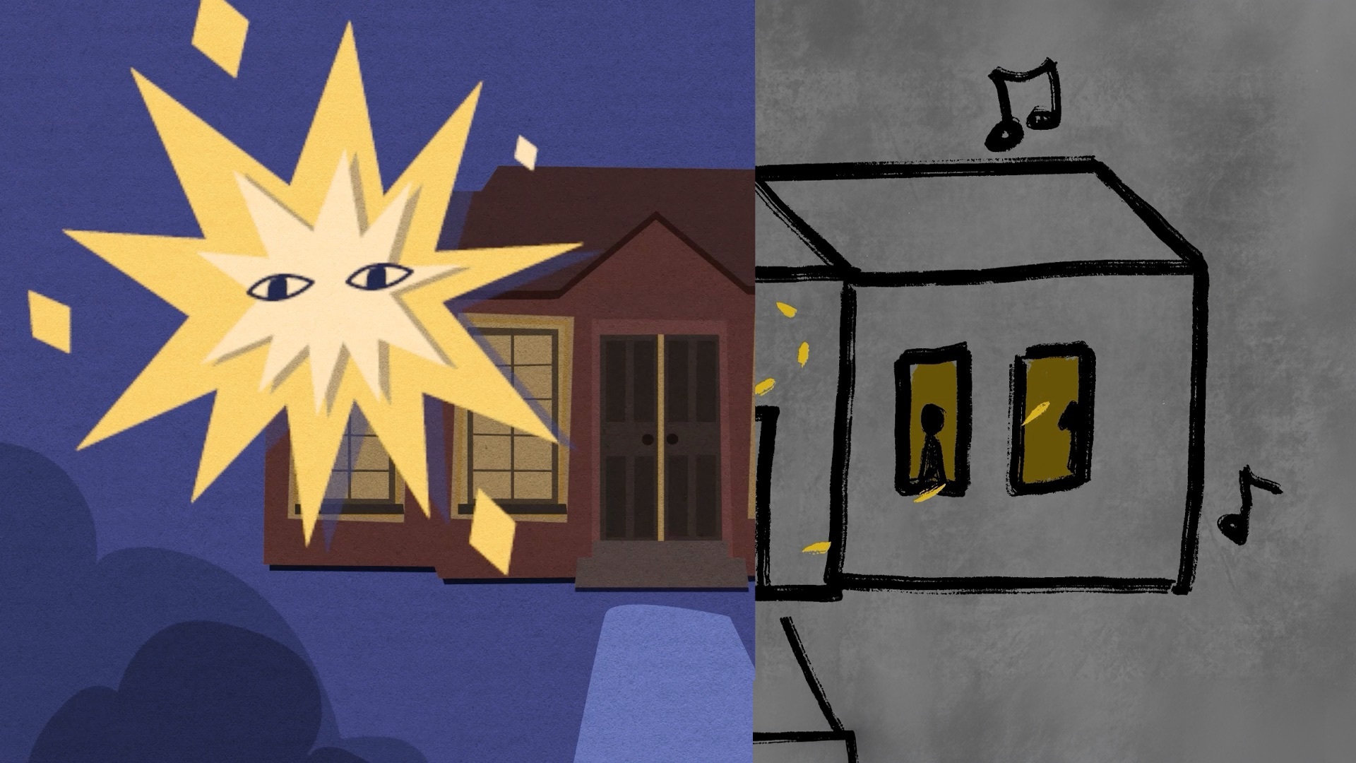 Split illustration: left side shows yellow star with eyes on dark blue background near brown house; right side shows grey house with yellow windows and musical notes on grey background.
