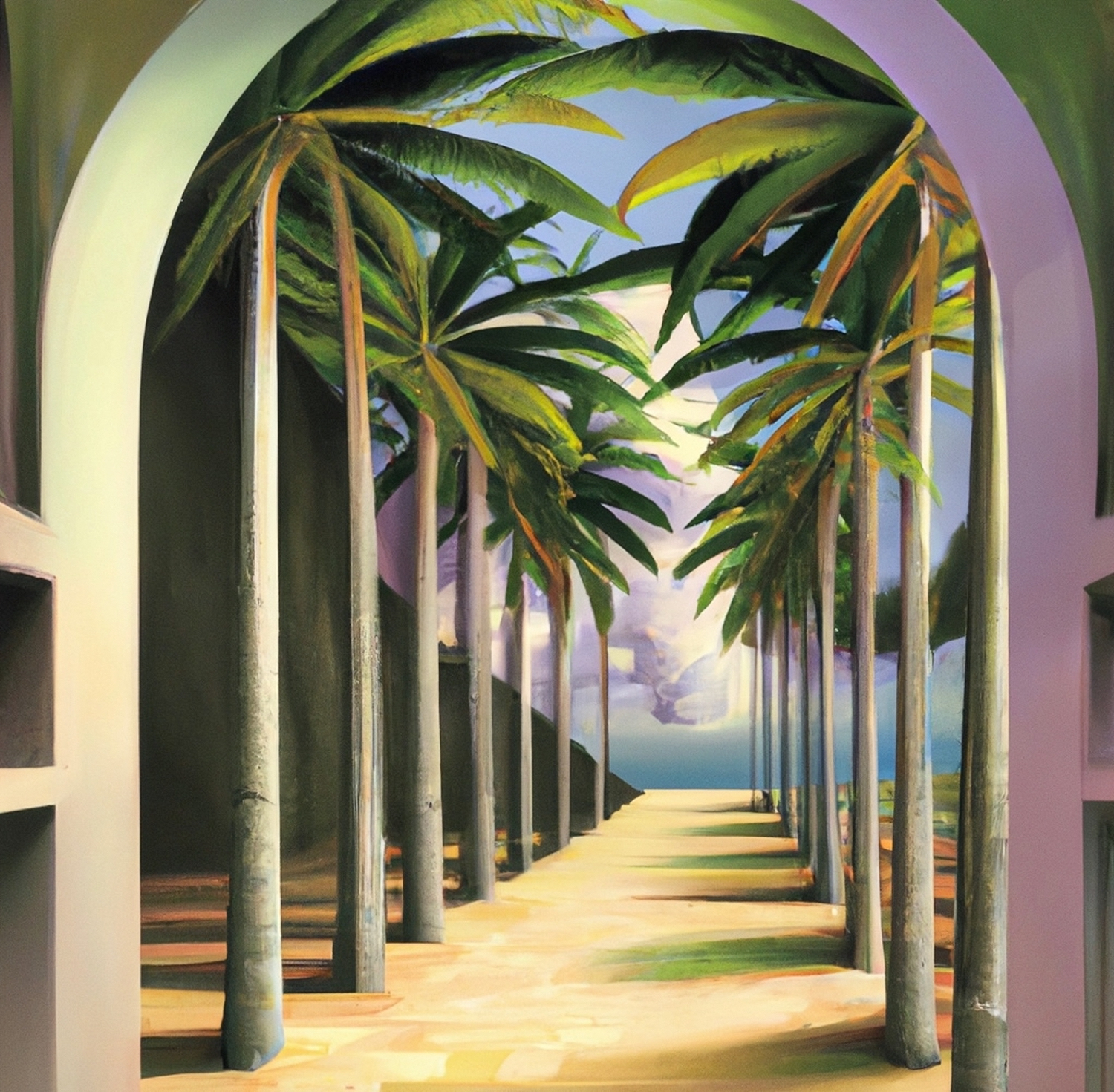 An archway with a path leading from it, two rows of palm trees line the path.