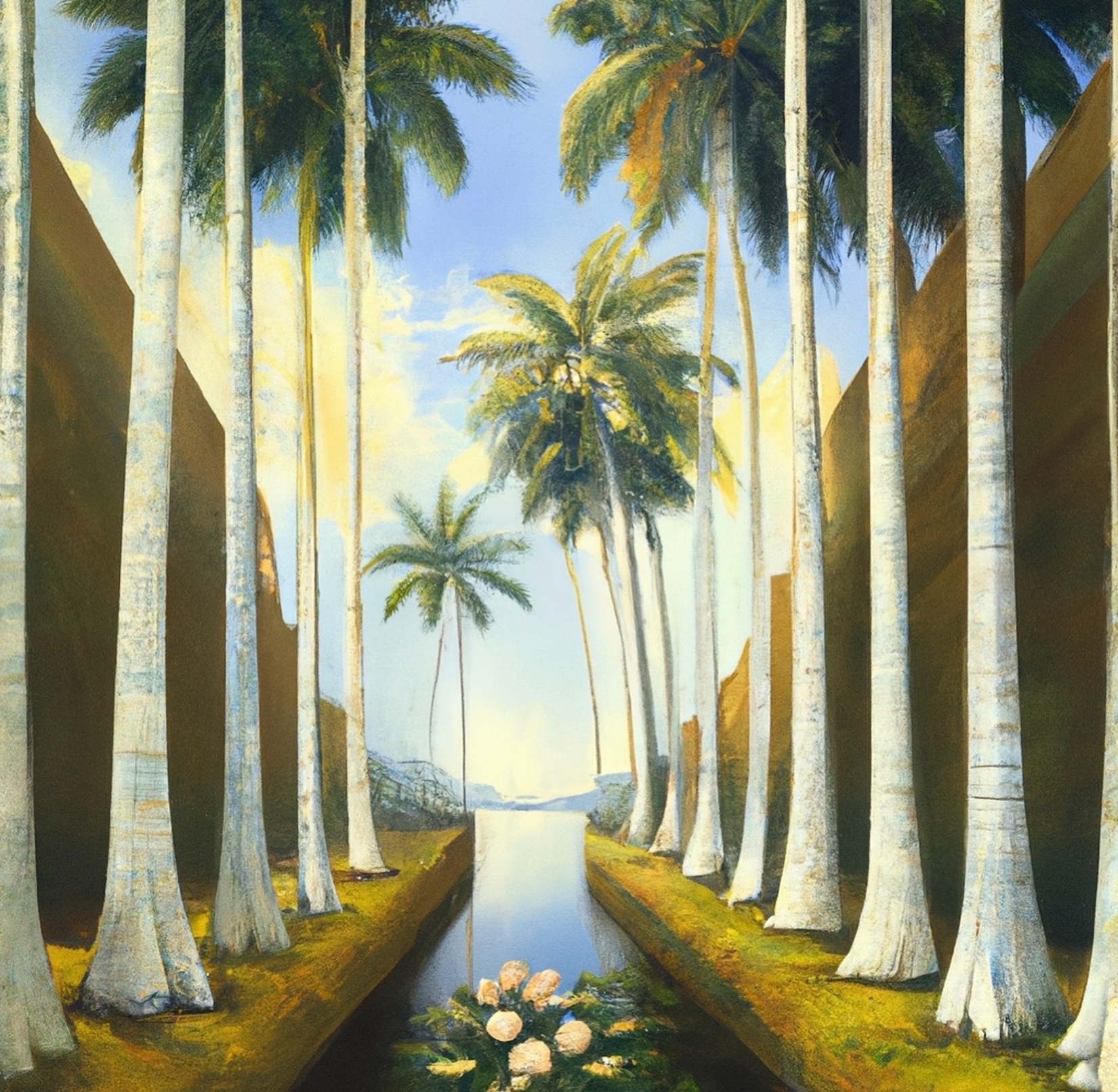 A small river with two rows of palm trees lining it either side.