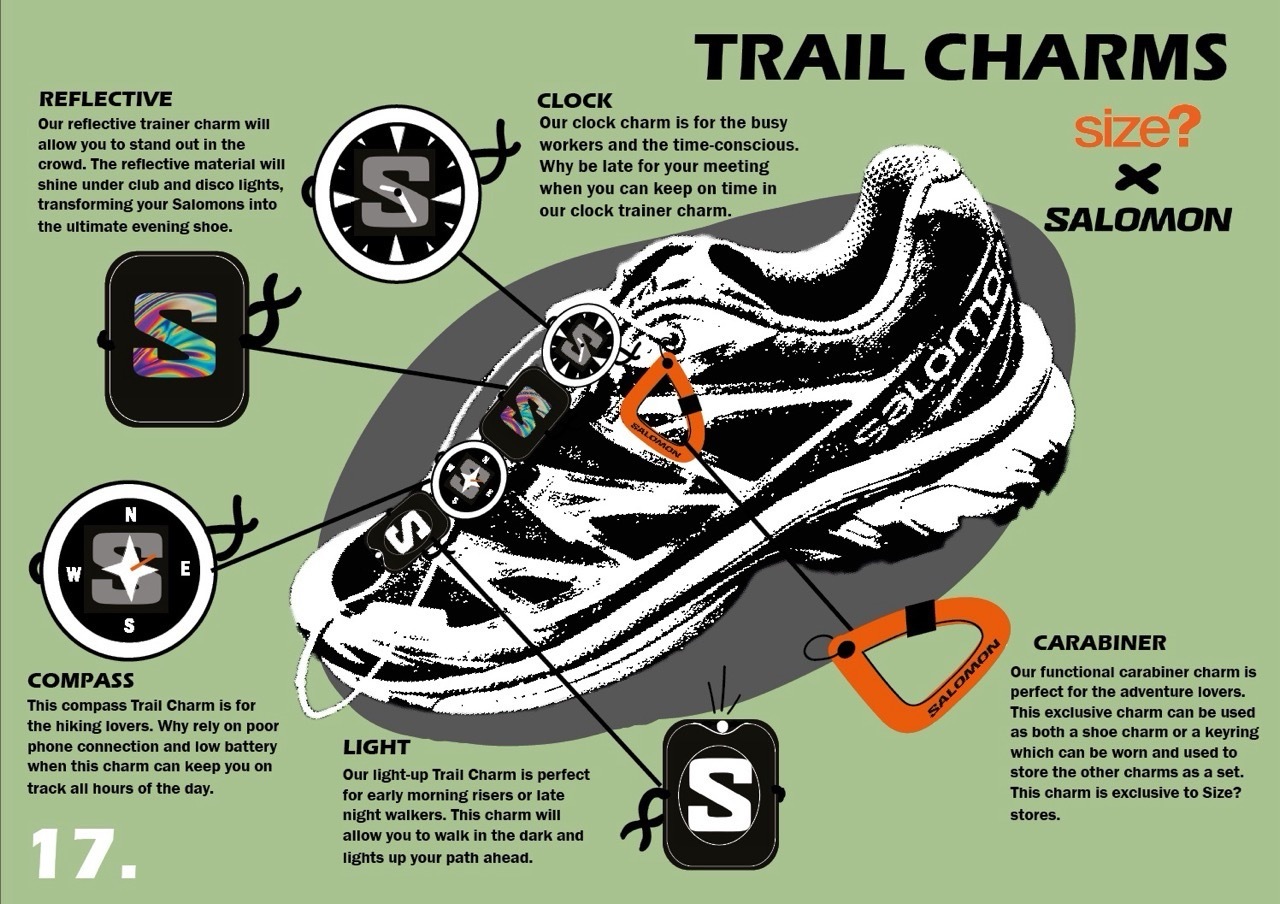 Poster for Molli Childs' Size? X Salomon trail charms project, illustrated black and white shoe on green background.