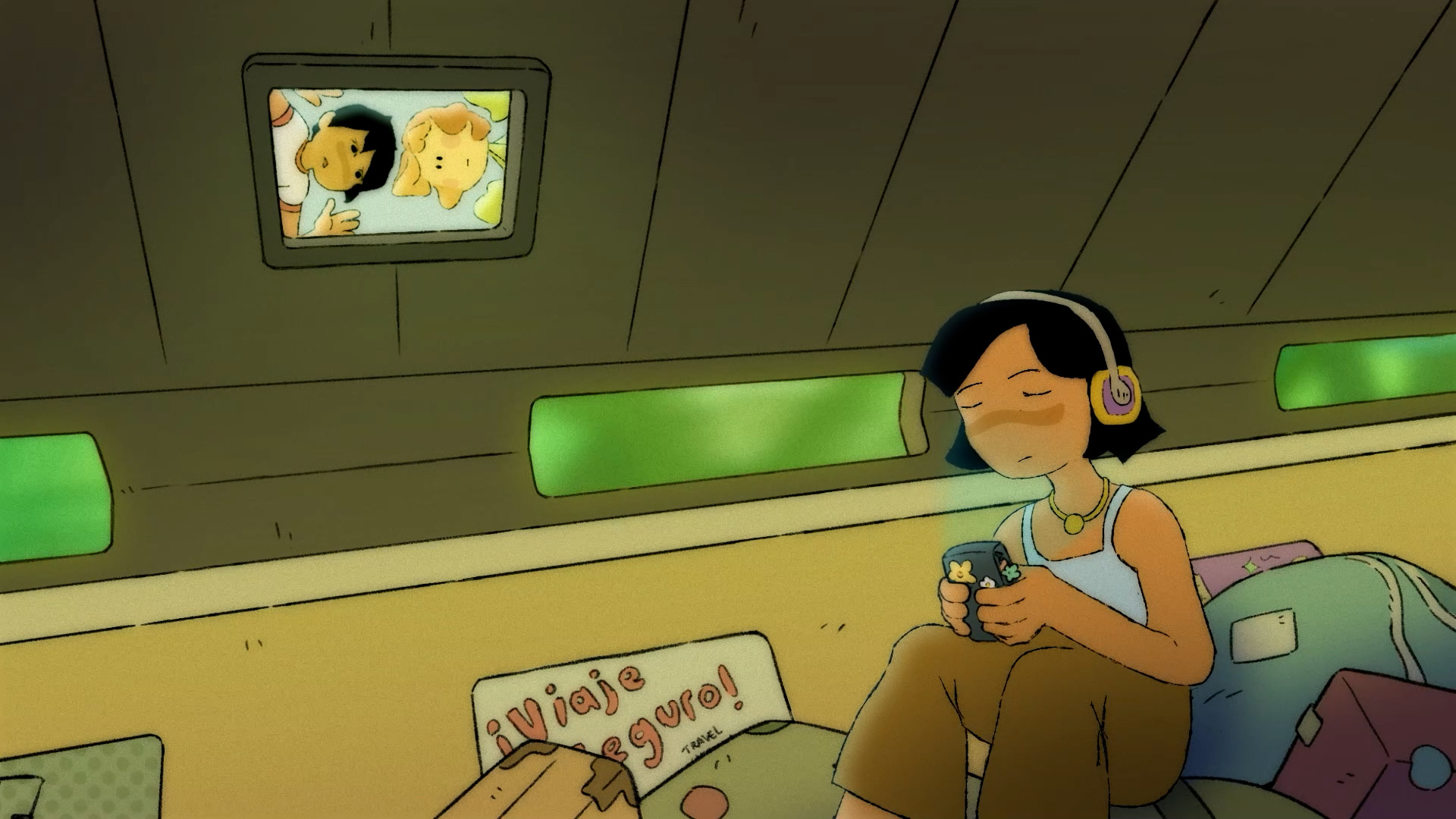 Animation still of a character on a train wearing headphones, with two looking in from the window above.