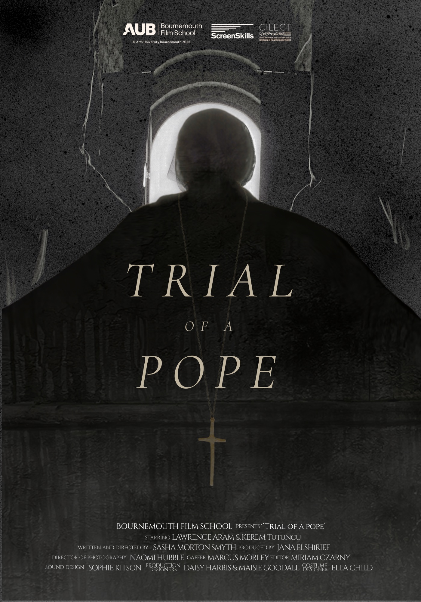 A dark and moody film poster for 'Trial of a Pope', featuring a silhouette of a person in robes with a cross. The title is in bold letters at the centre, with credits and production details at the bottom, against a textured black background.