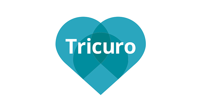 Logo of brand Tricuro - turquoise heart with Tricuro in text in the centre