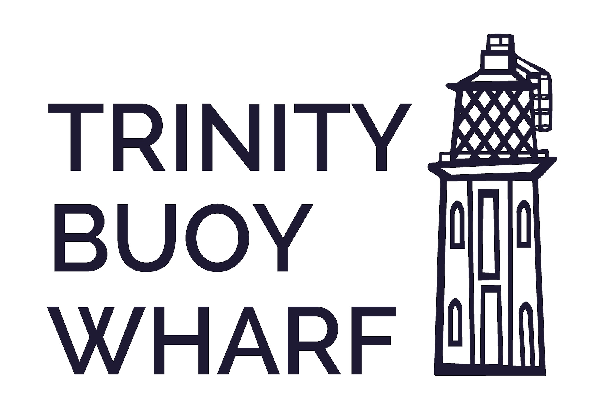 The Trinity Buoy Wharf logo in dark navy, with stacked text beside a stylised lighthouse icon on a white background.