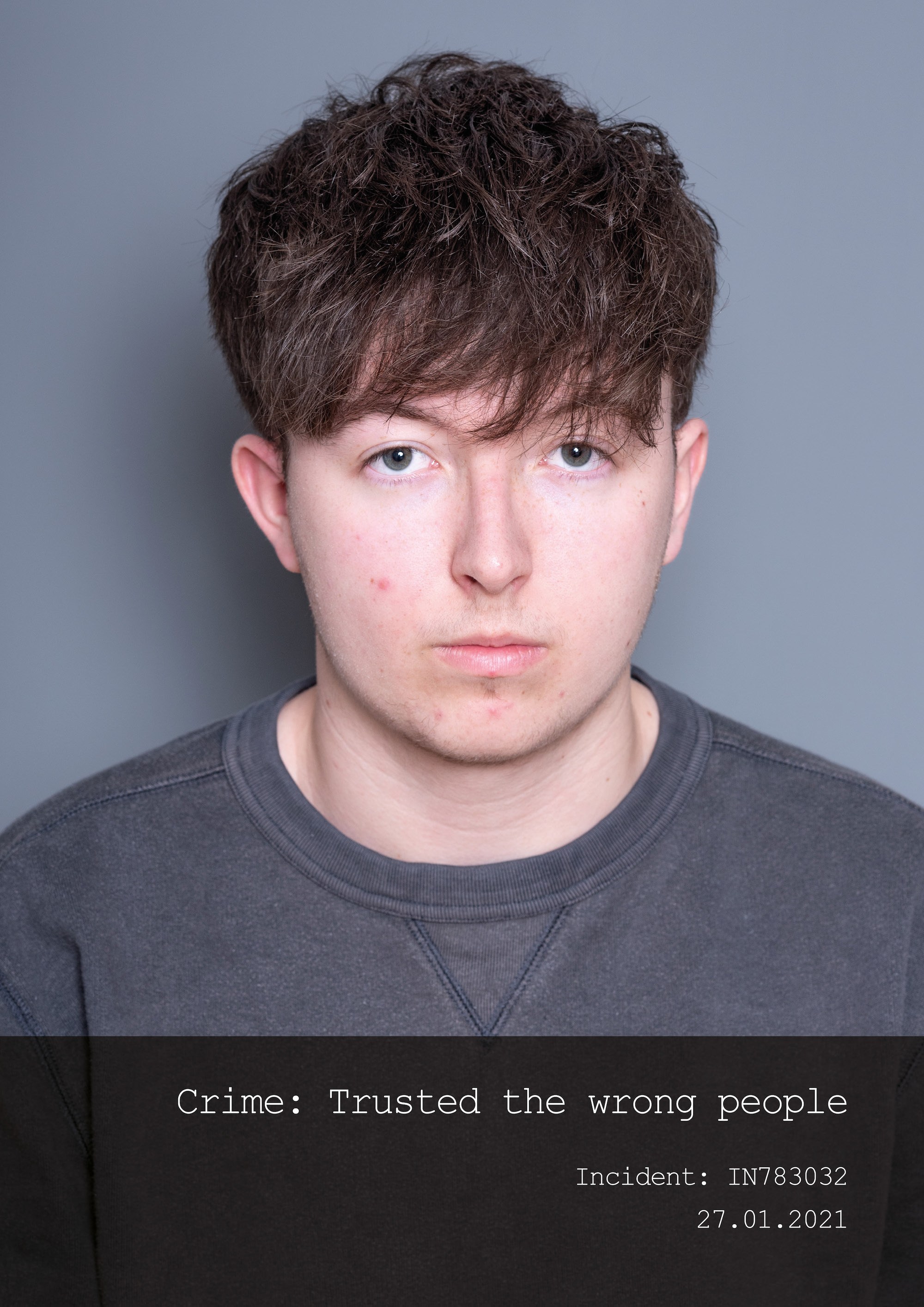 Mugshot of a man with a text of his "crime"