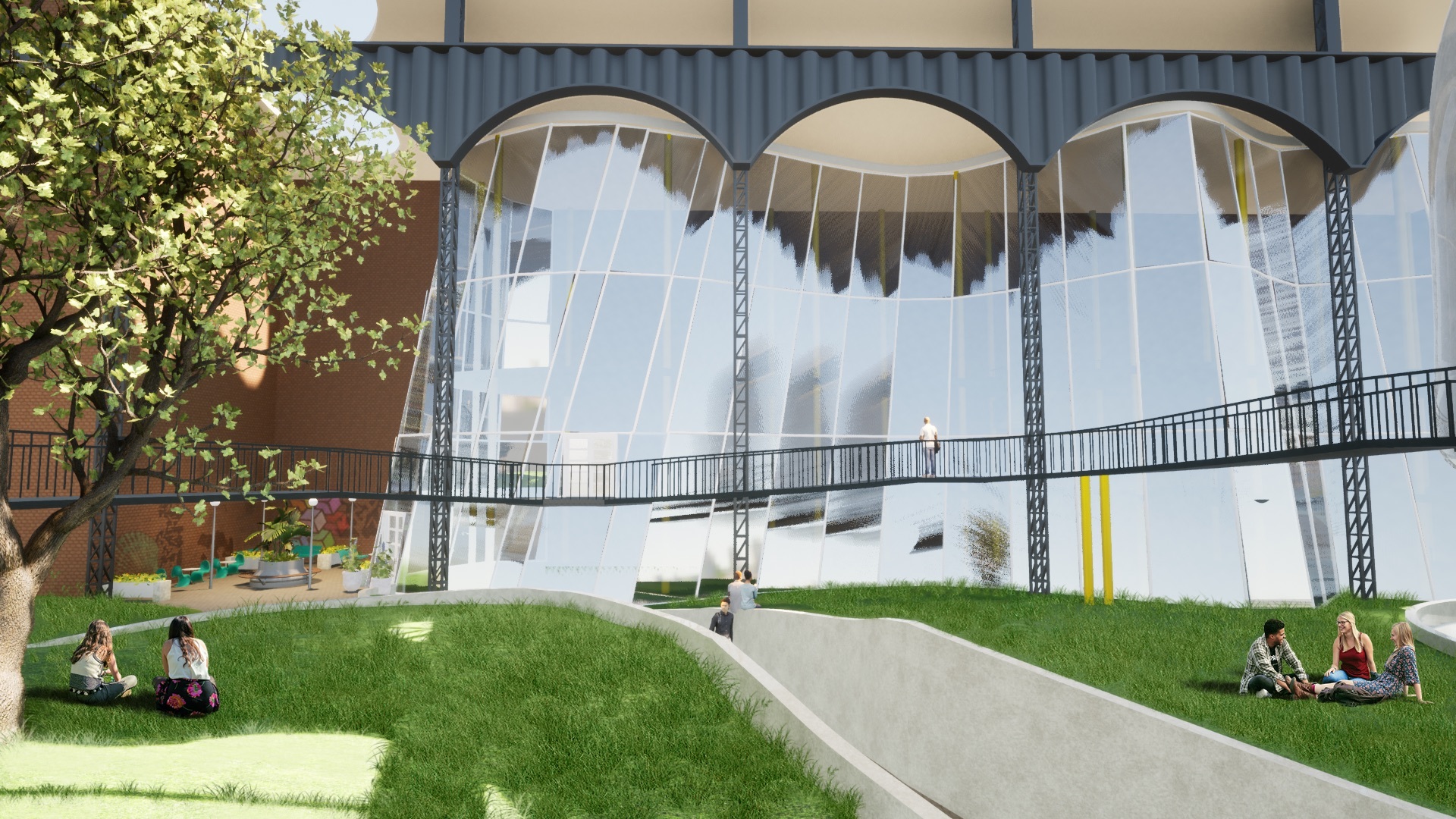 A 3D render of a power station interior renovated with greenery and pathways.