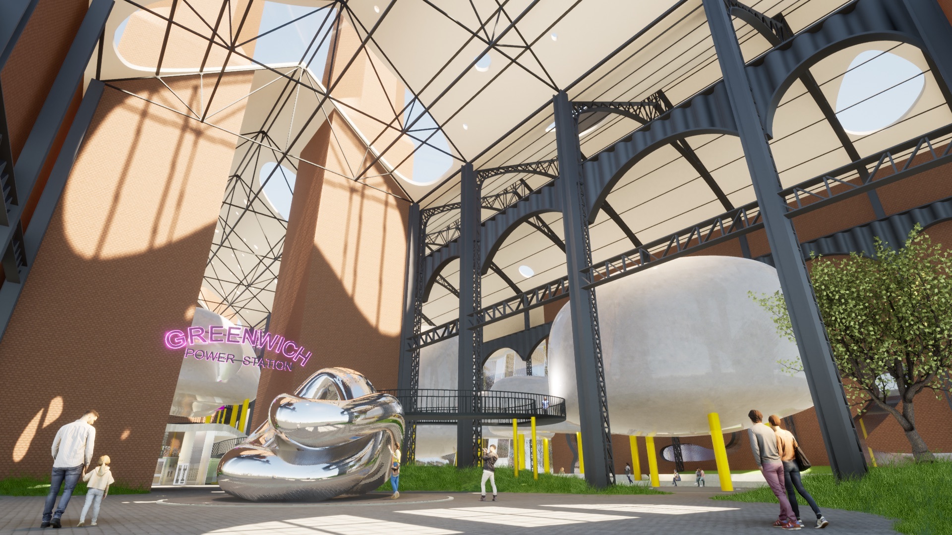 A 3D render of a power station interior renovated with artwork and greenery.