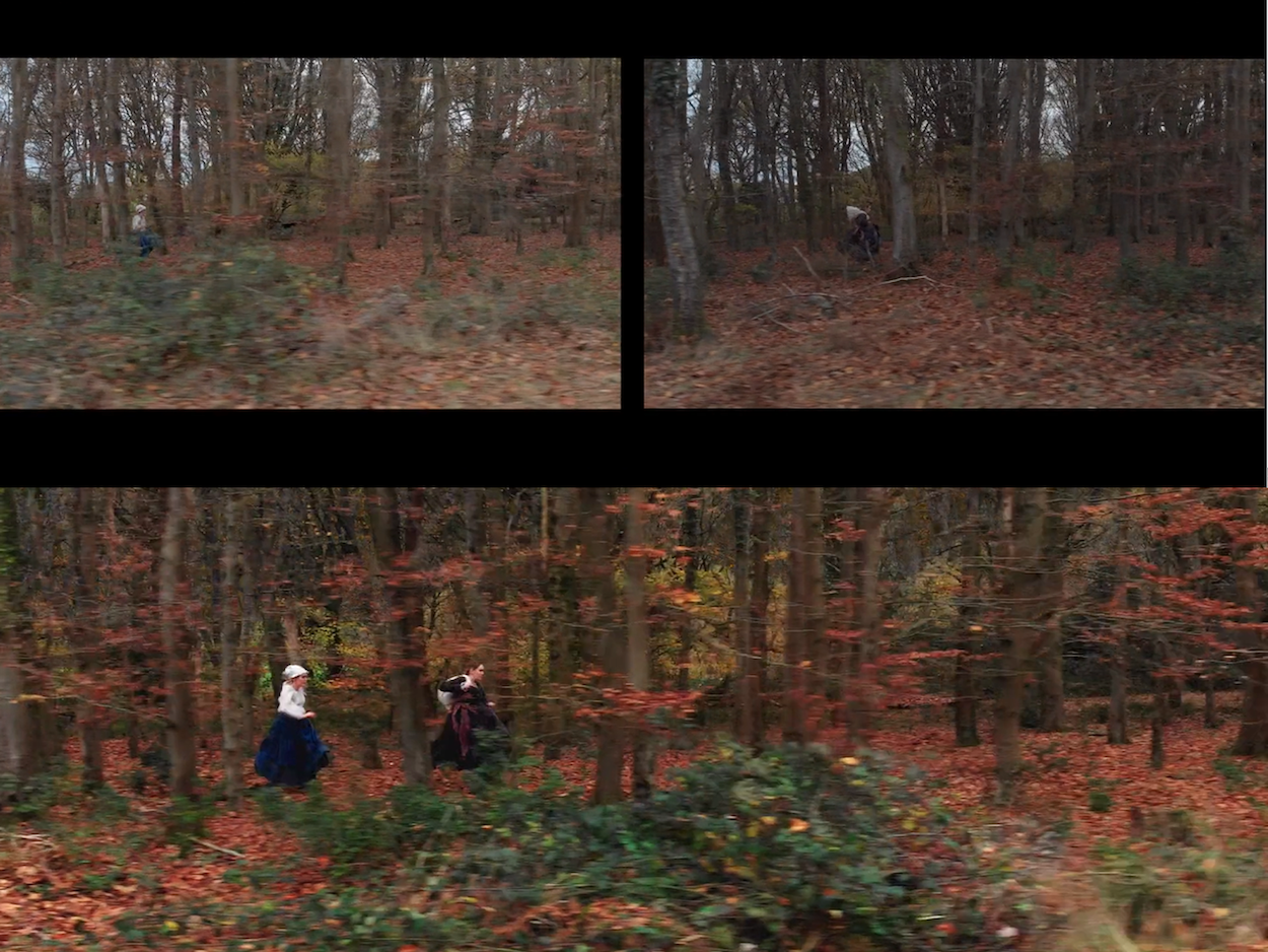 Three film stills showing two people running through a forest clearing.