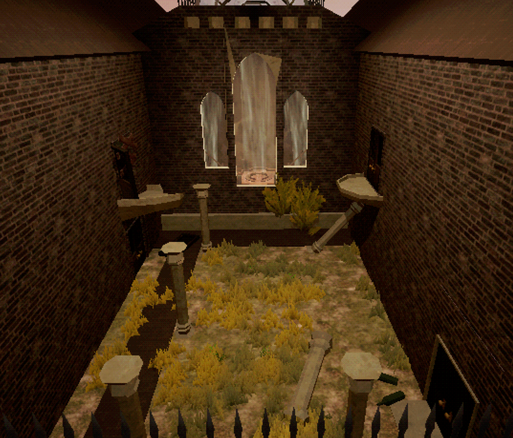 Video game environment showing a grassy courtyard with brick walls surrounding. Several columns stand on the grass. A couple have fallen.