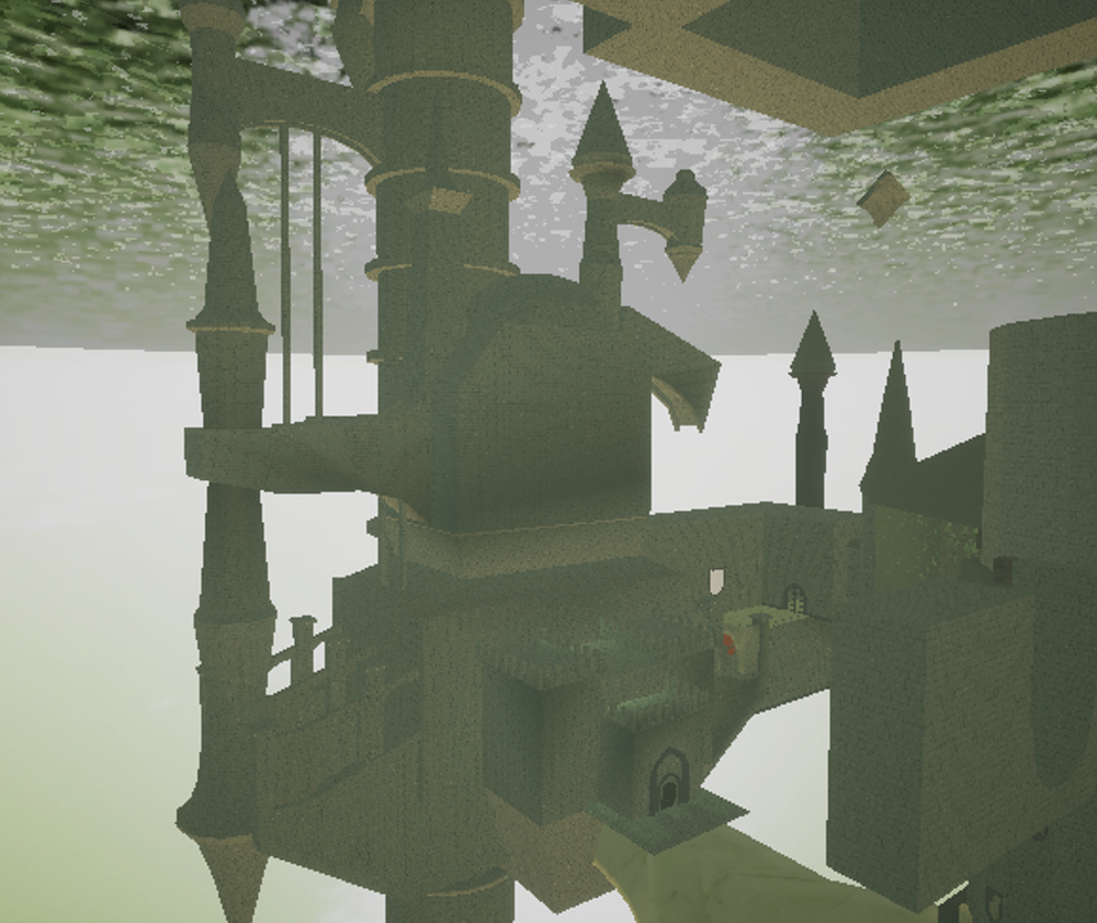 Video game screenshot showing an elaborate castle and tower environment floating in the sky.