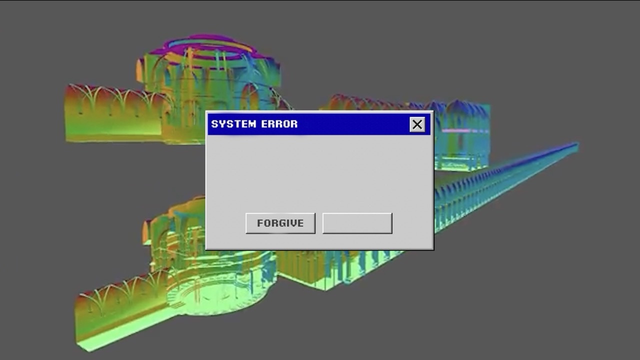 A blank windows-style error box with only one button, 'forgive', in front of an abstract rainbow structure on a grey background.