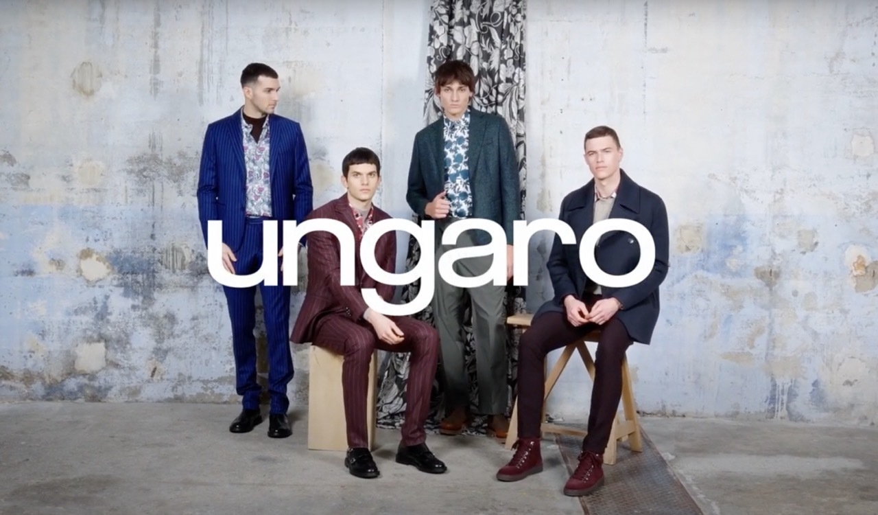 Ungaro Mens Winter collection, four models in different coloured suits with white text 'Ungaro'.