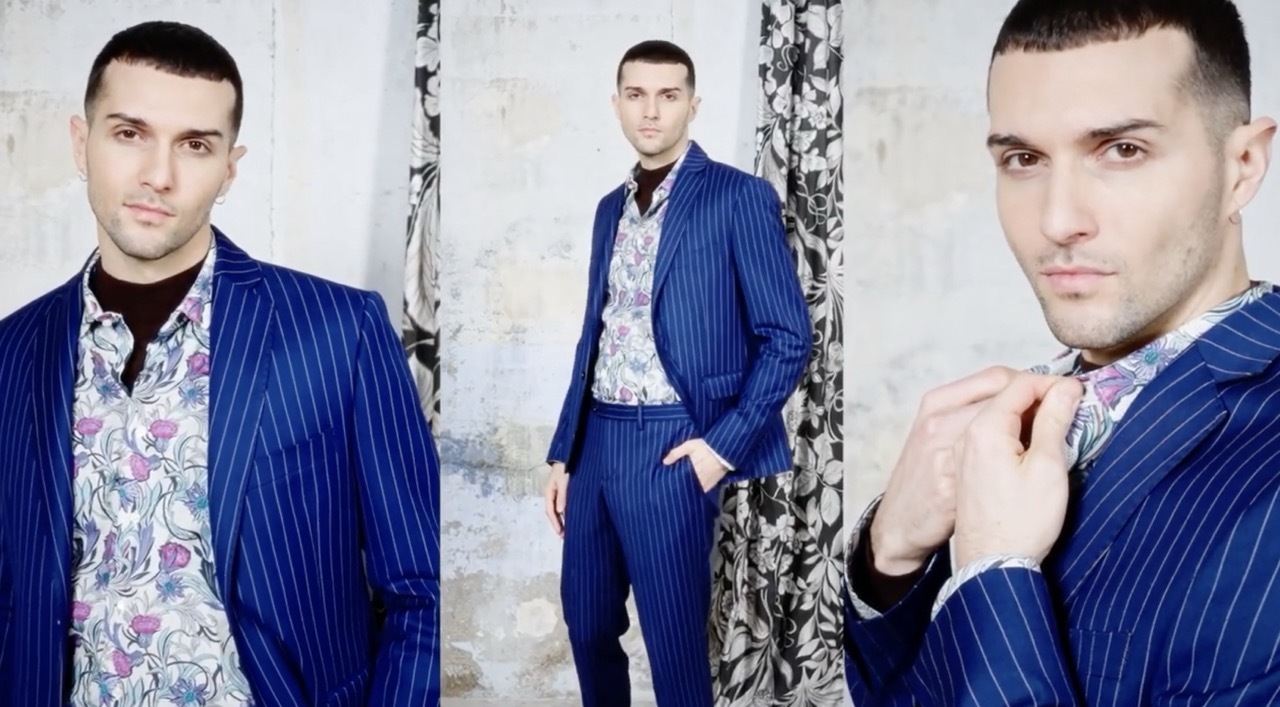 Three split photos of a male model in a blue, striped suit with floral motifs.