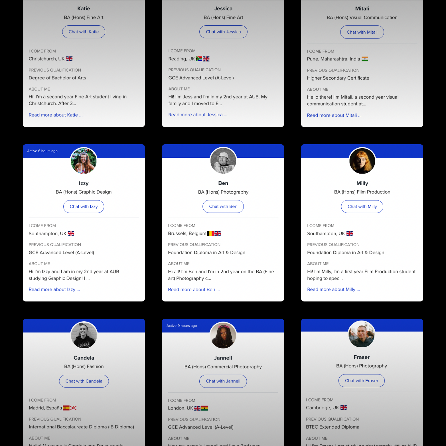 A grid of profiles for students that have signed up to Uni Buddy.