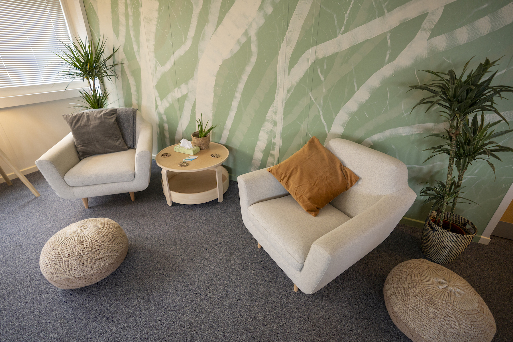 Two armchairs with cushions sit with a coffee table between them. Two beanbag stools are next to them.