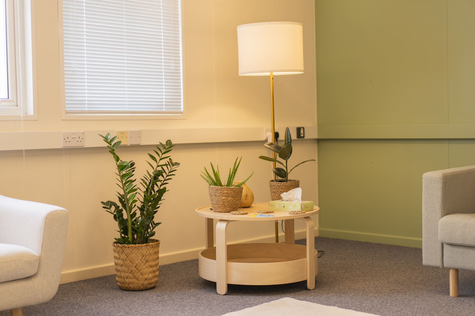 A plant pot, a coffee table and a lamp standing in the corner of a room, with chairs either side.