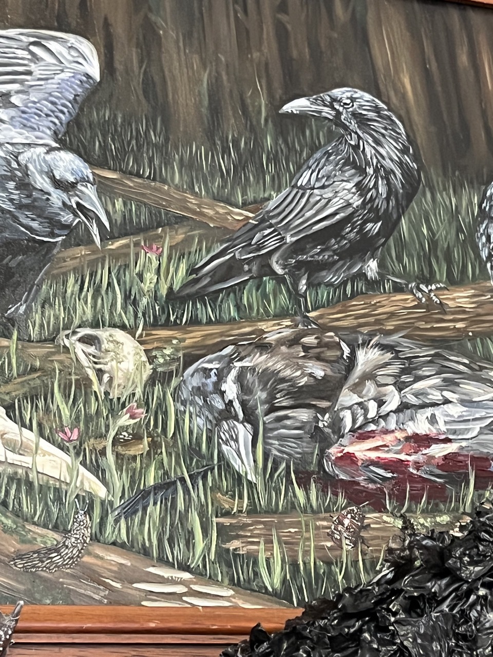 Painting of birds at a river.