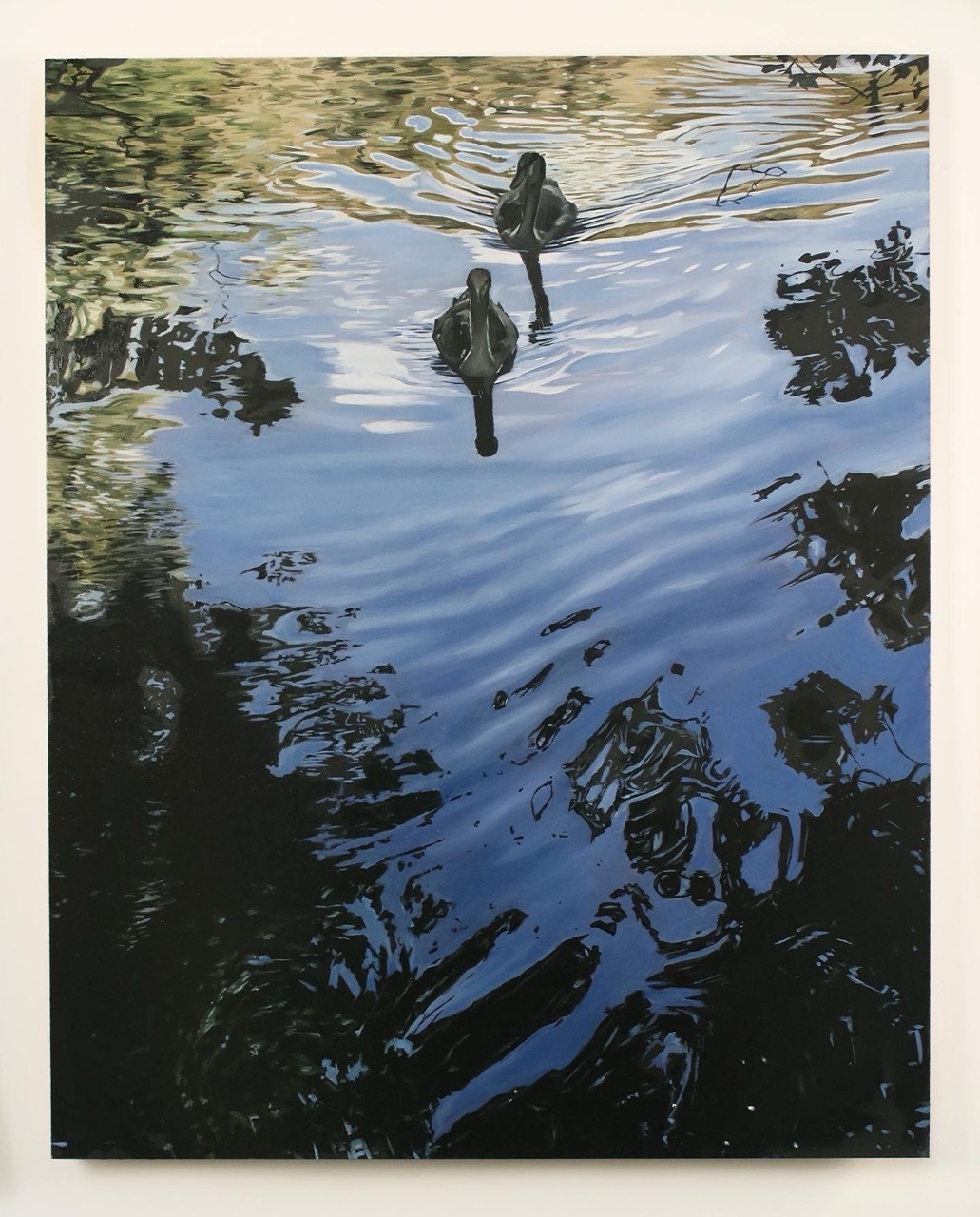 Painting of swans on a river reflecting the sky.