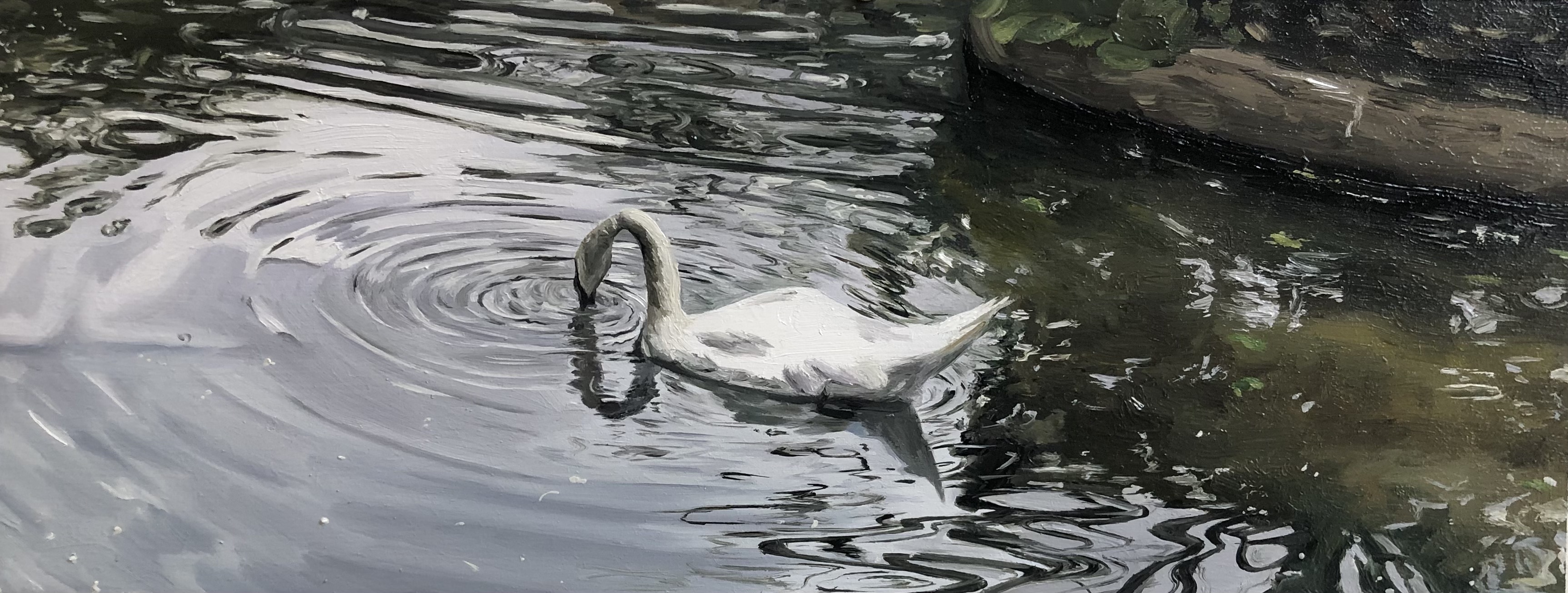 Painting of a swan on rippling water.