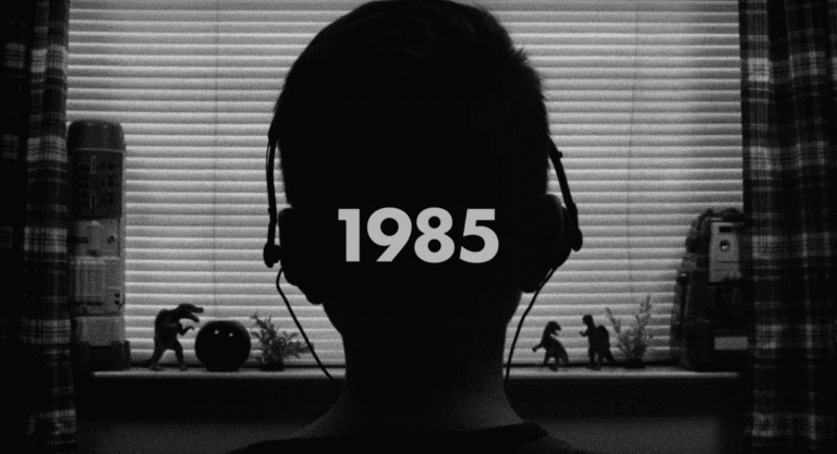 Black and white photo of someone's head silhouette wearing headphones in a bedroom, white text reads '1985'.