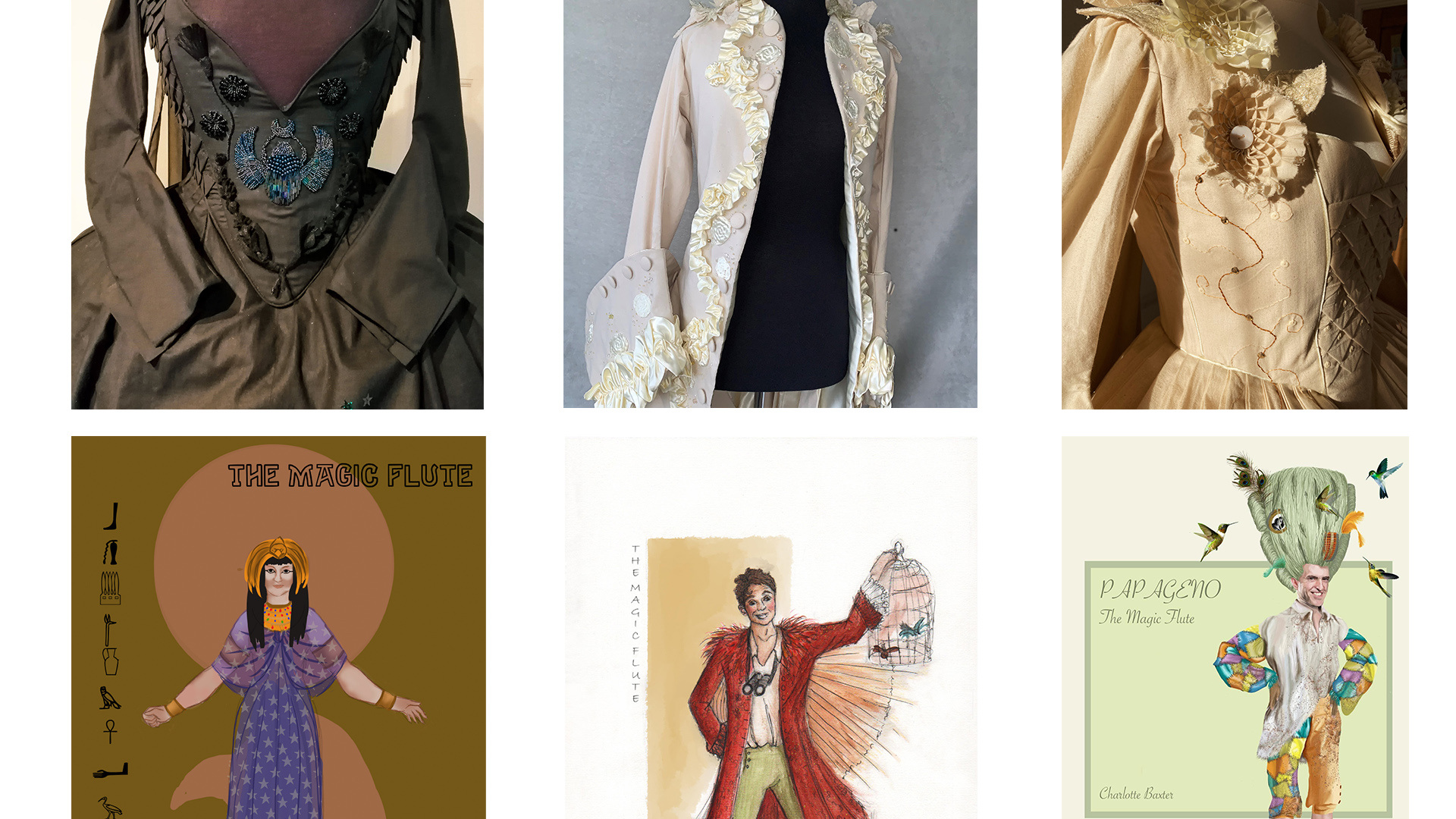 A series of six images showing costumes for The Magic Flute. Top row shows three period costumes; the bottom row shows colour costume design illustrations.
