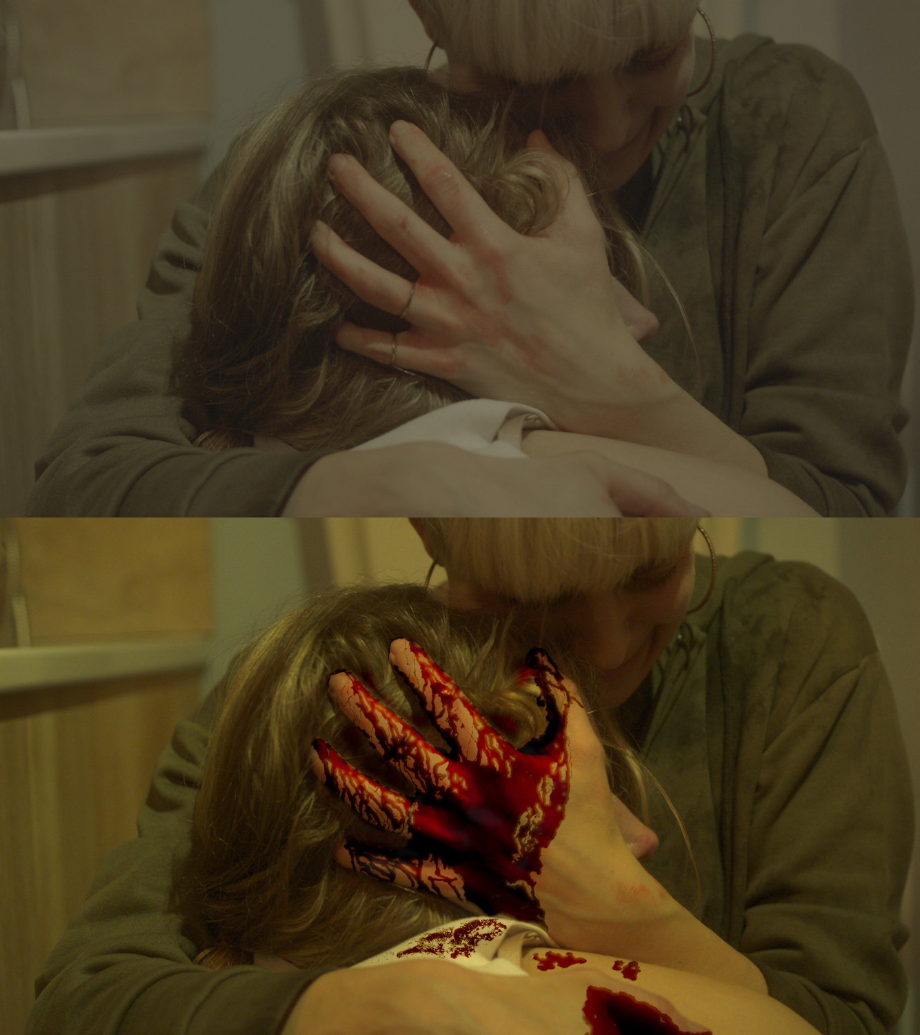 Two versions of the same screenshot. Top image shows a woman holding a girl close to their shoulder, with the mother's hand on the daughter's face. The bottom image shows the same scene, but the mother's hand is covered in blood.