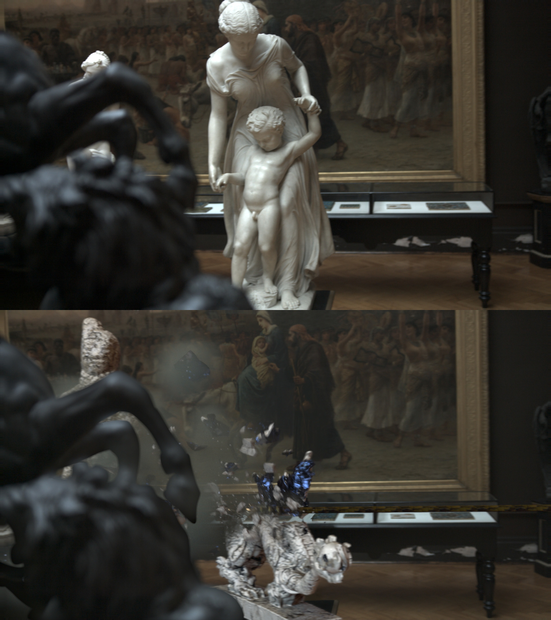 Two screenshots arranged one on top of the other. Top image, a Renaissance-style statue of a mother and child standing in a gallery space. Bottom image, the statue has crumbled.
