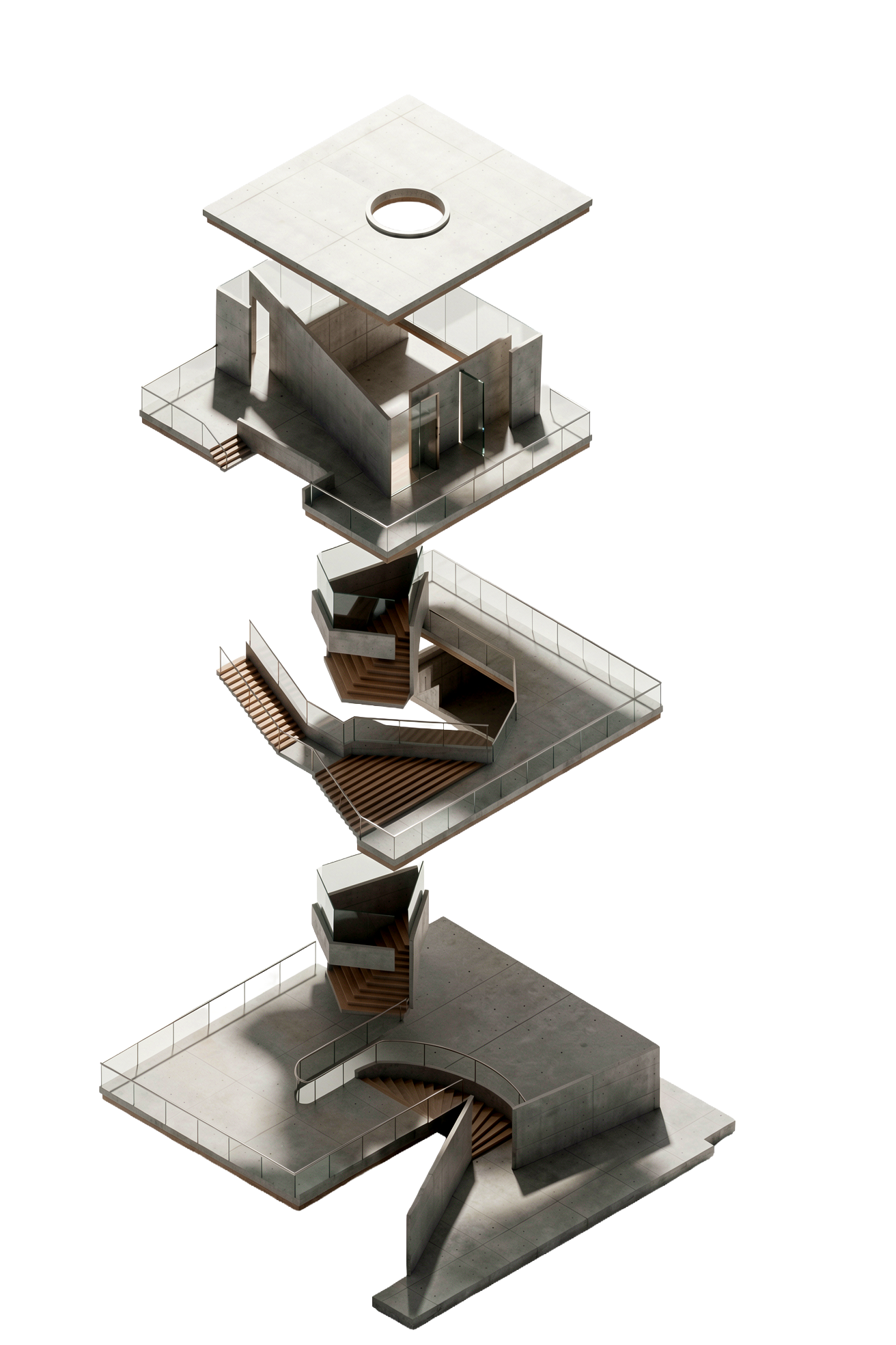 Exploded 3D diagram of a three-storey vertical crematorium building design.