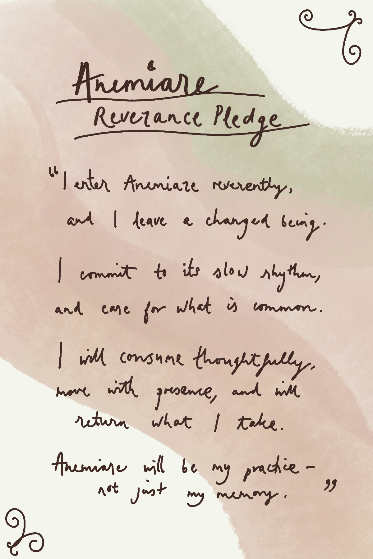 A handwritten quote titled ‘Anumiare Reverance Pledge’ on a pastel abstract background with decorative corner swirls.