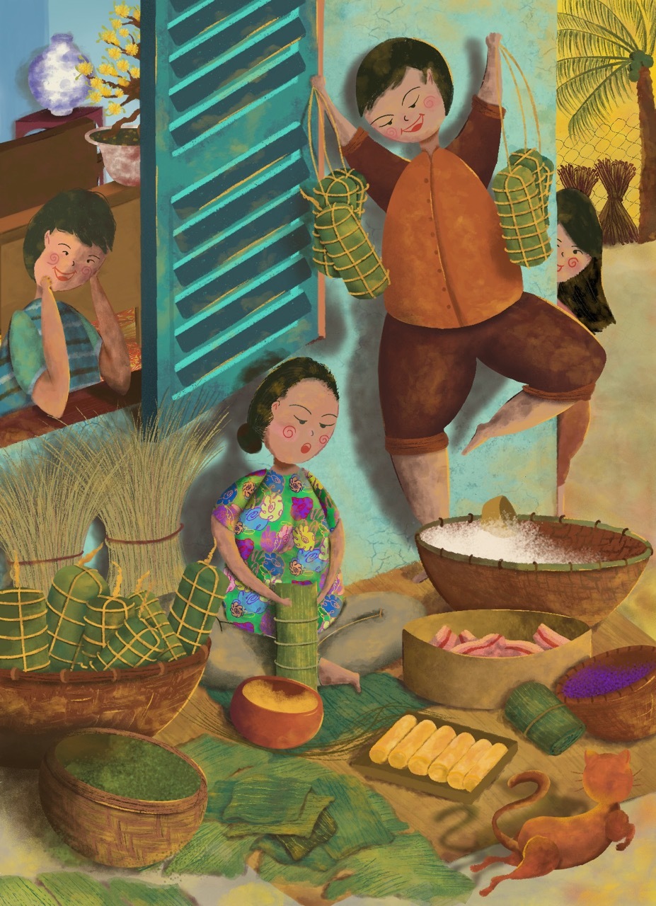 Illustration of an asian family doing housework with bamboo outside the home, turquoise walls and window shutters.