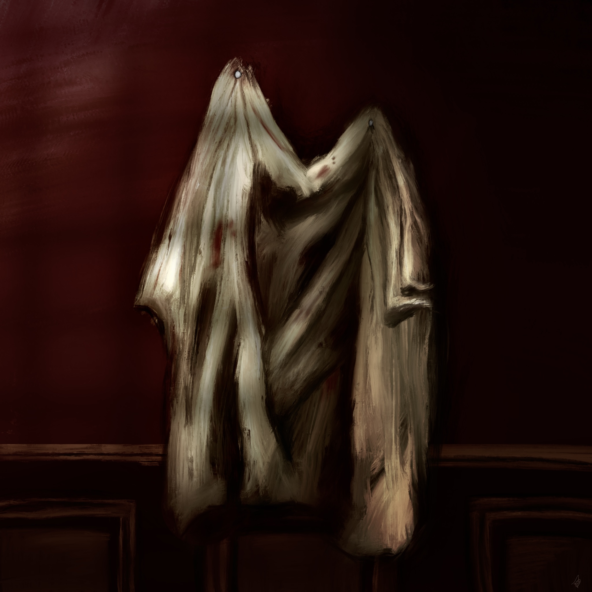 Two draped, ghost-like figures in pale, flowing cloth stand against a dark red background above a wooden panel.