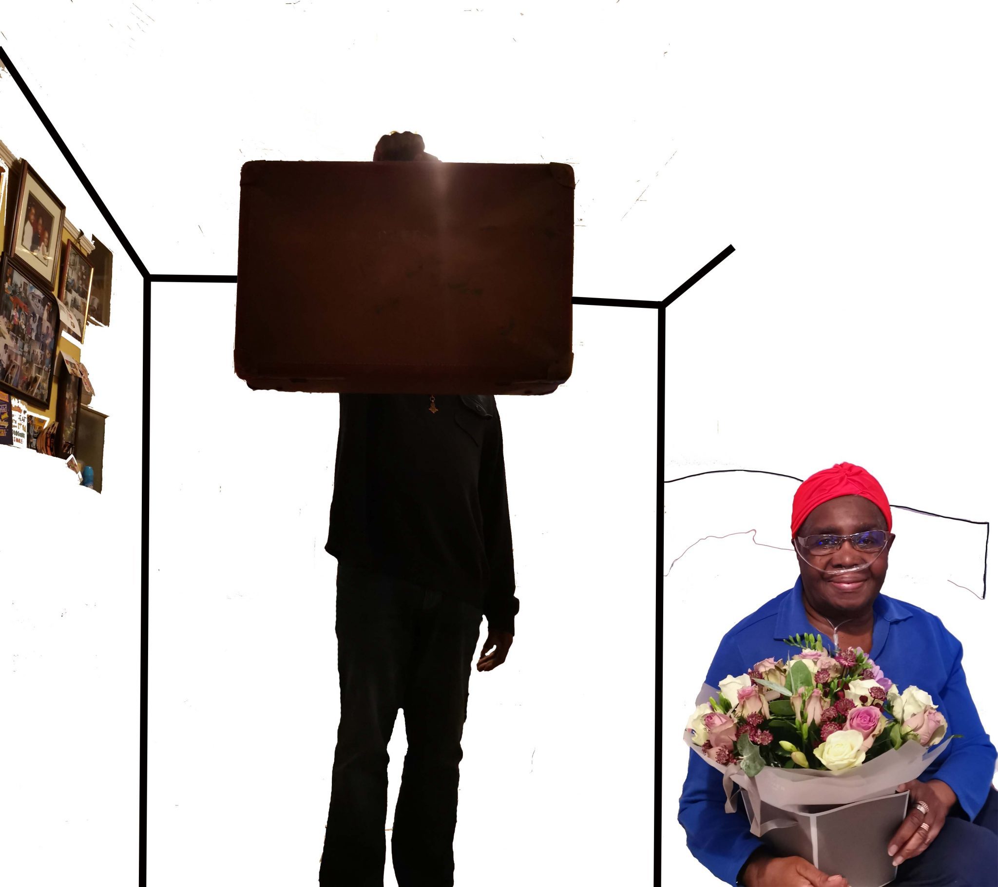 A silhouette of a figure holding a large case in front of them. A woman is seated on the right holding a bouquet of flowers.