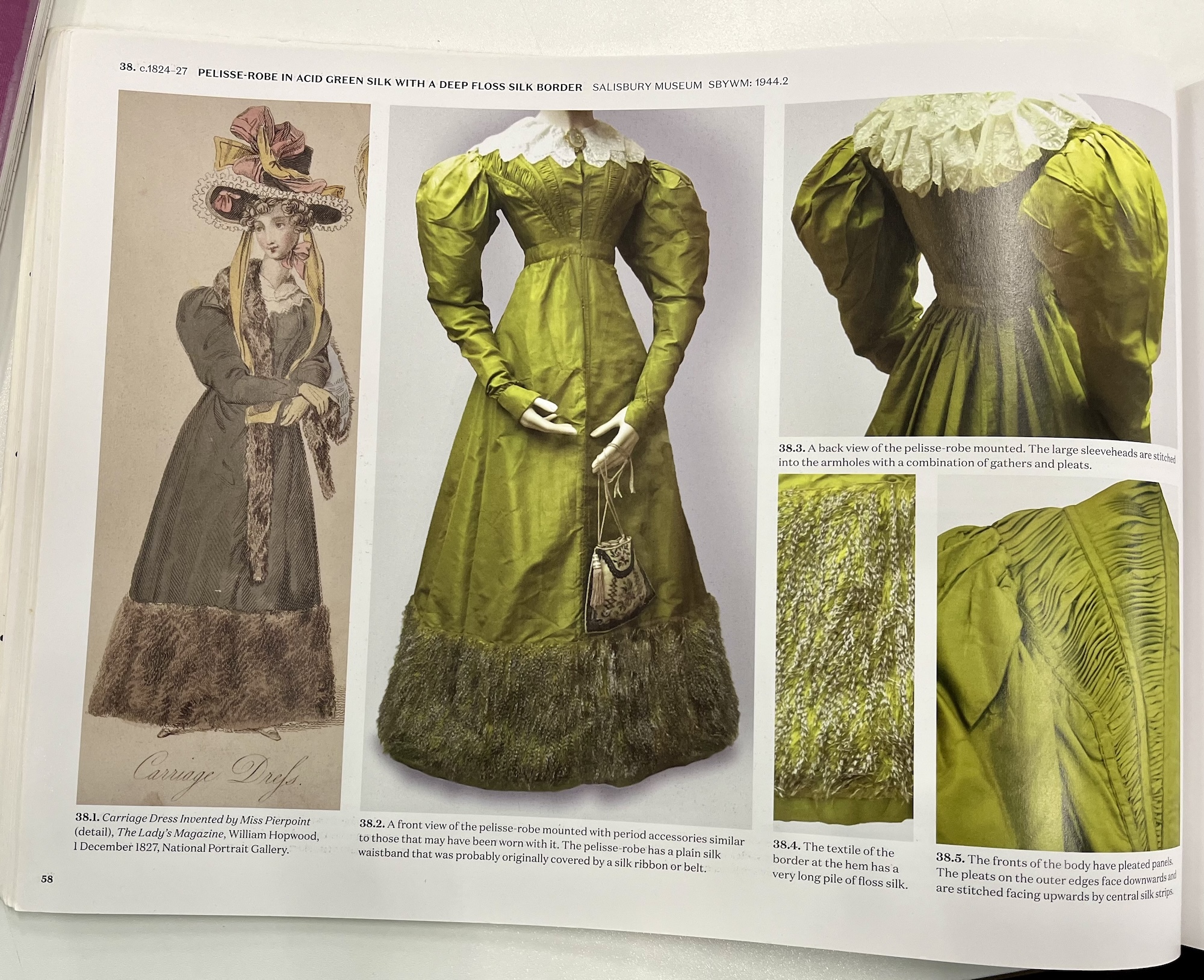 A page from a book from Salisbury Museum, showing a 19th century illustration of a woman wearing a green carriage dress, with photographs of a recreation next to it.