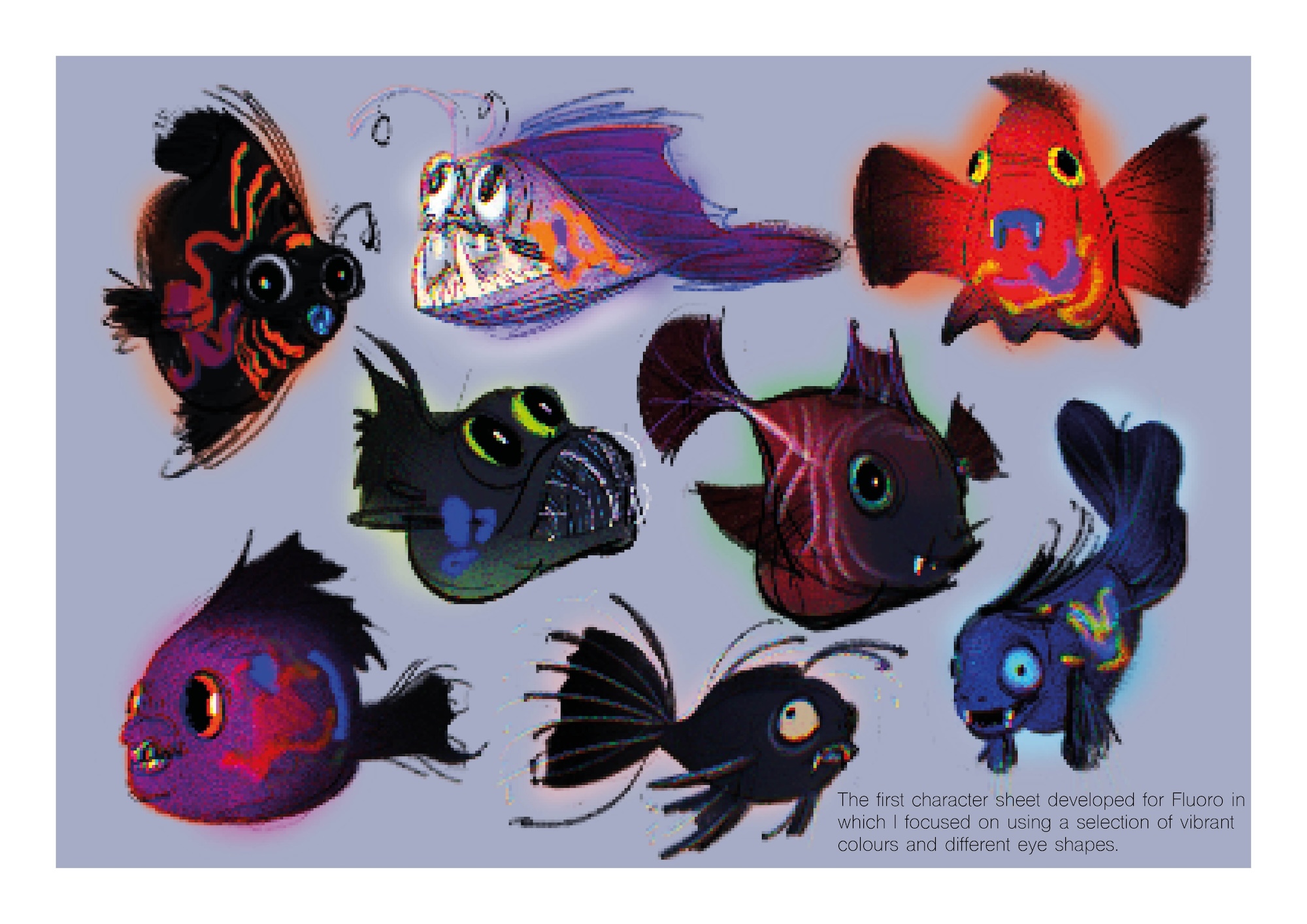 Concept art and design for eight different colourful, scary-looking deep sea fish.