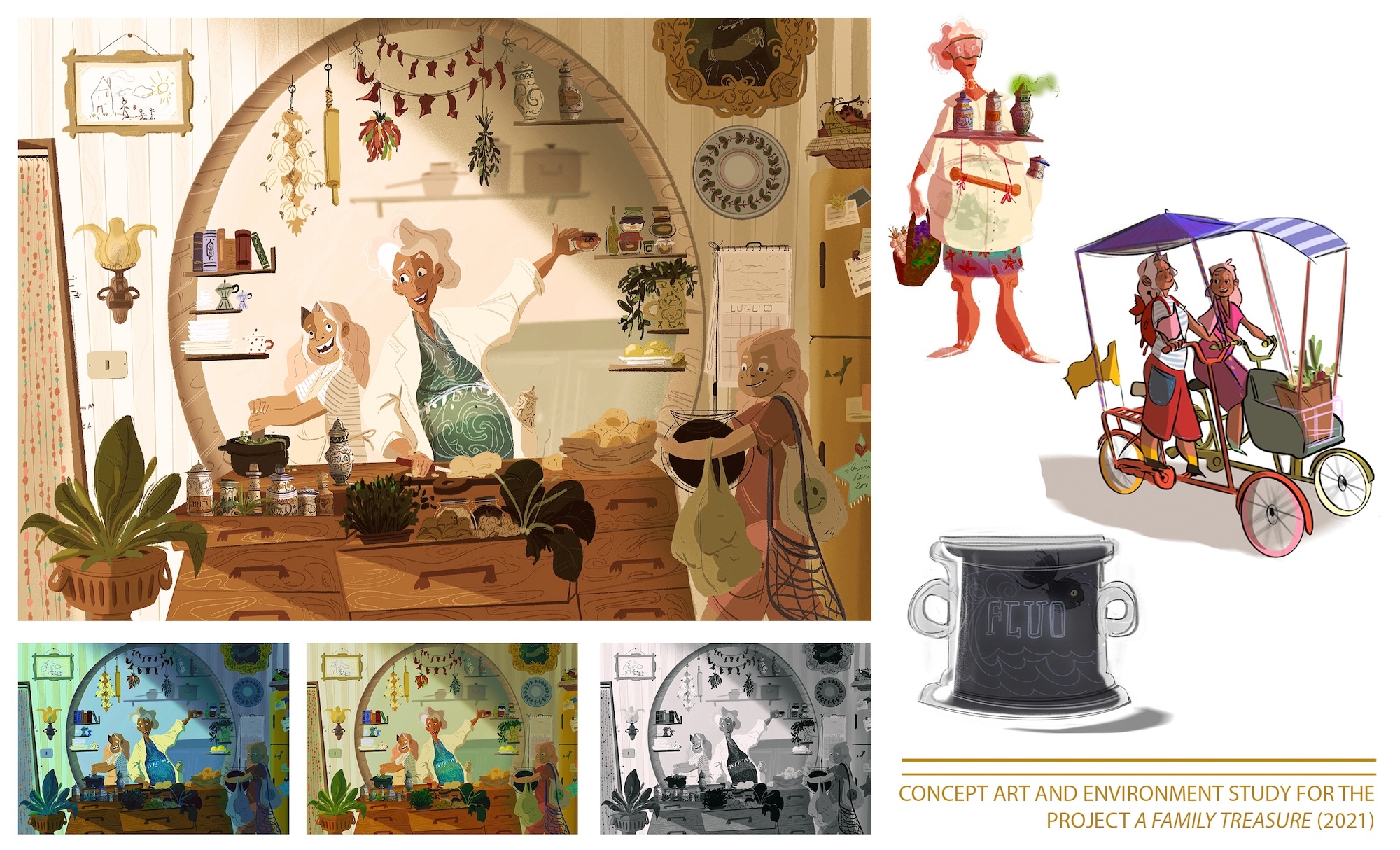 Concept art and designs for a family of animated characters working in a kitchen. Concept illustration of an older female character carrying ingredients in a bag and on a tray. Two characters riding bicycles with a canopy over the top.