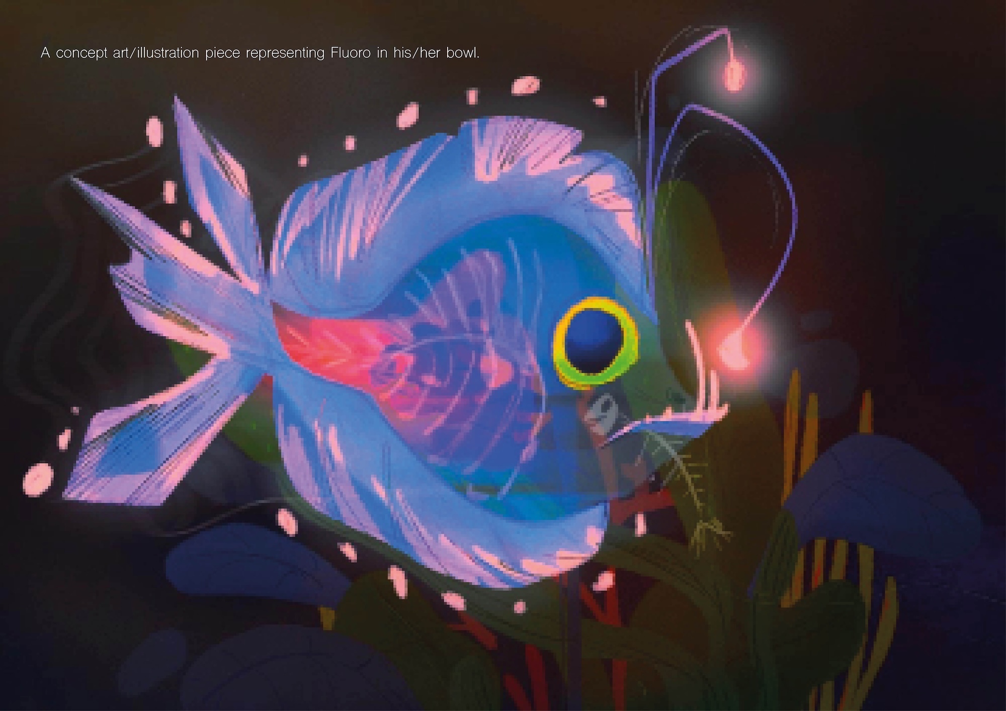 Concept illustration of a deep sea fish with two luminescent lures lighting up the darkness around it.