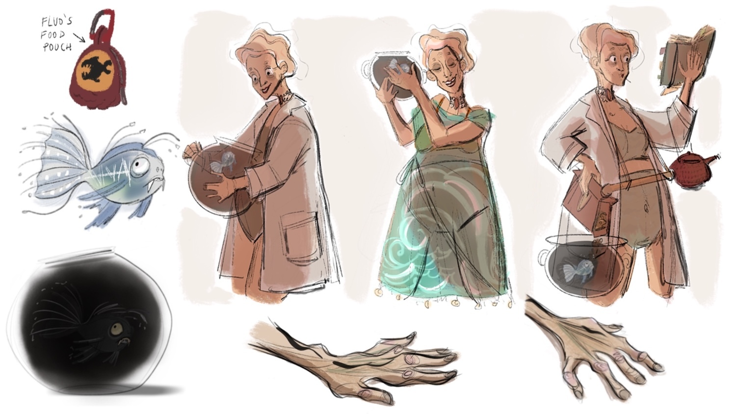 Animation concept art illustrations of the same female character holding a fishbowl with brown liquid and a grey fish in it. Illustrations of a pouch of fish food, a grey ghostly looking fish, a bowl full of black water, and a study of a pair of human hands.